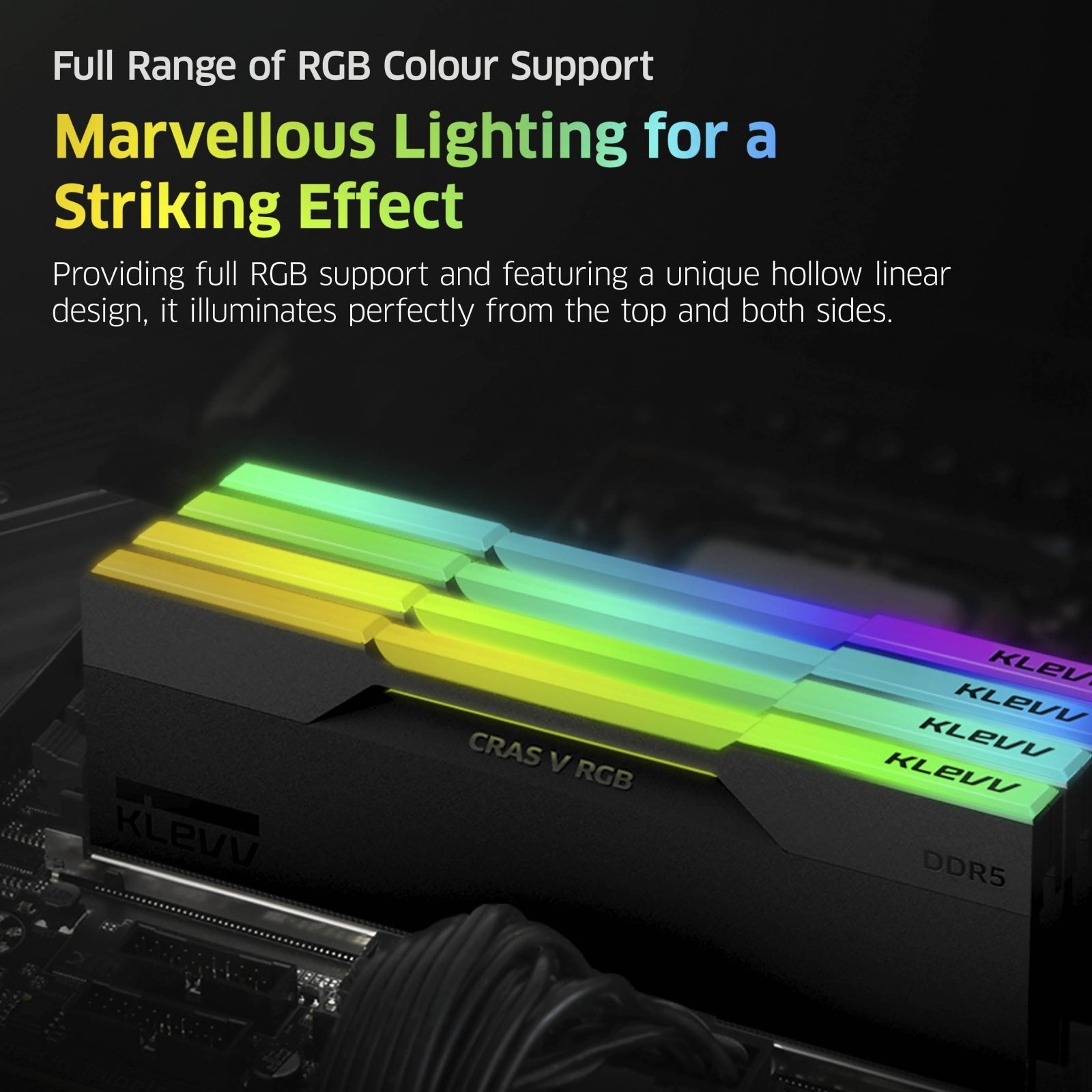 Moduli RAM KLEVV CRAS V RGB DDR5 con vivace illuminazione RGB multicolore installati su una scheda madre.