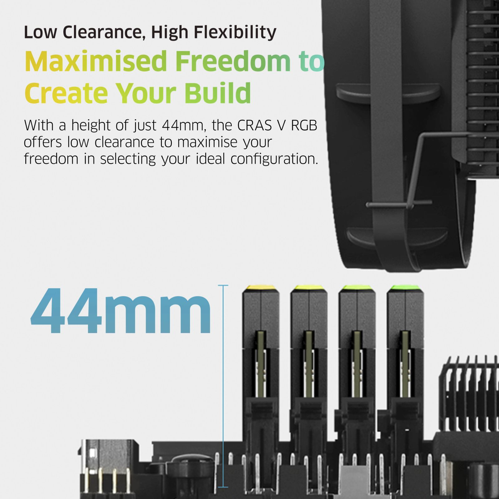 Un'immagine che mostra una misura di spazio RAM di 44 mm per componenti hardware.