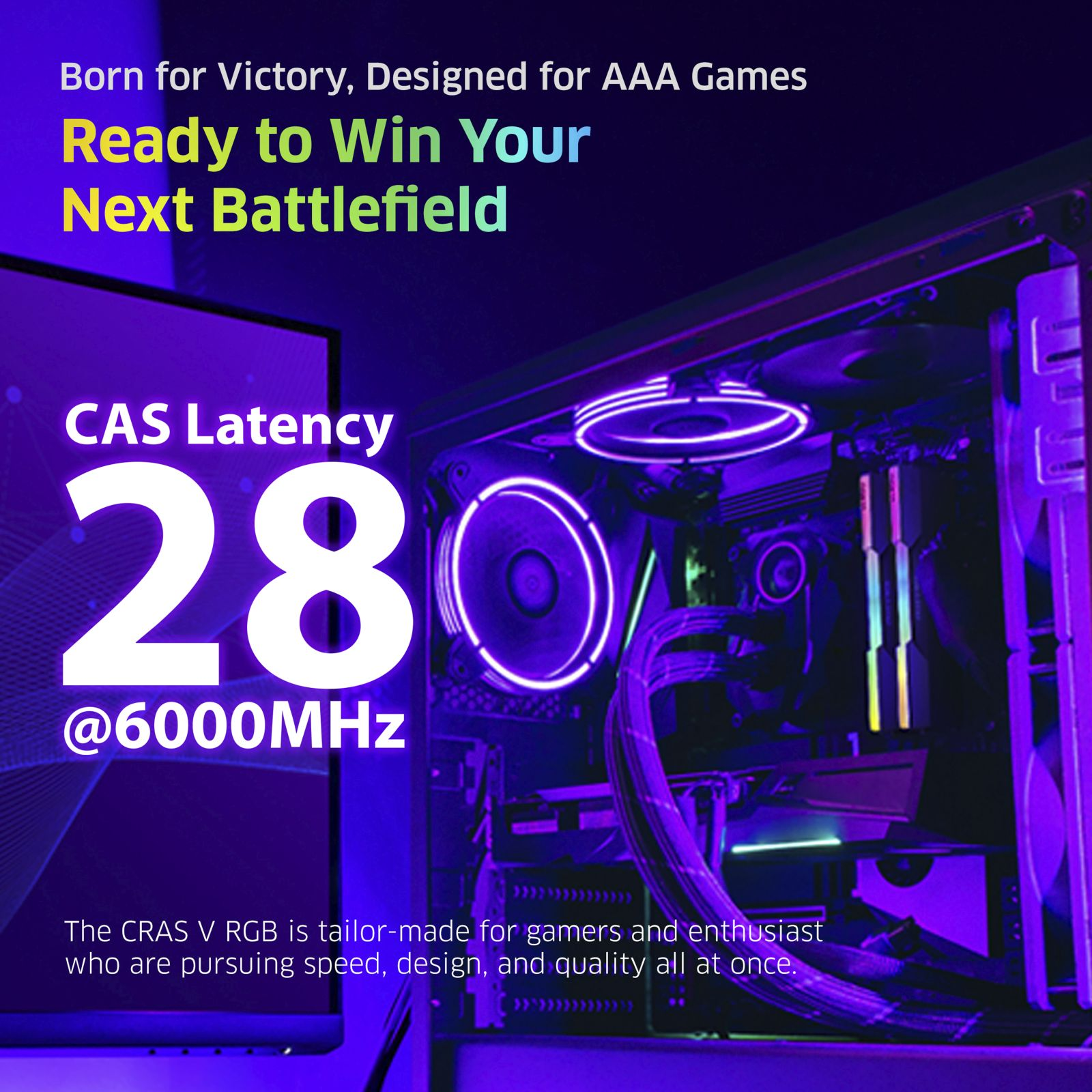 Un interno per PC da gioco viola luminoso con ventole RGB, accanto a testo su velocità e latenza.
