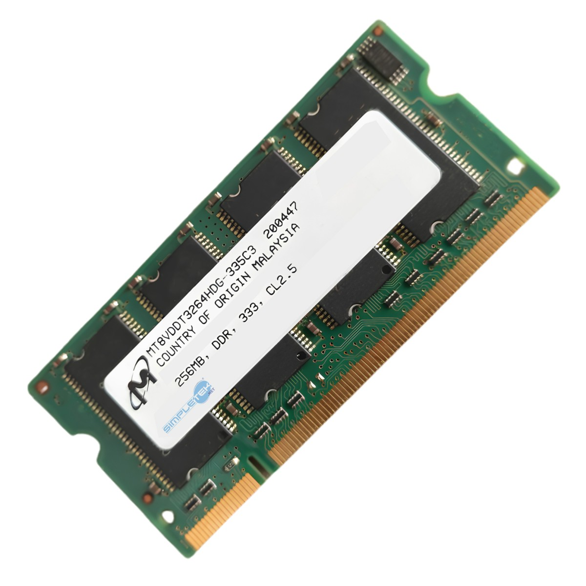 Scheda di memoria RAM verde per laptop con chip neri e etichetta.