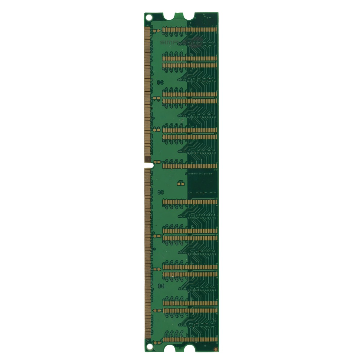 Scheda di circuito RAM per computer verde con contatti dorati.