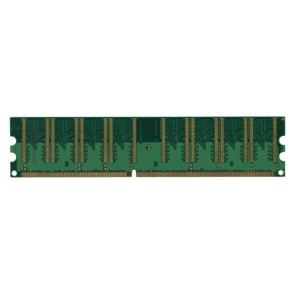 Scheda di memoria RAM verde con contatti dorati su sfondo bianco.