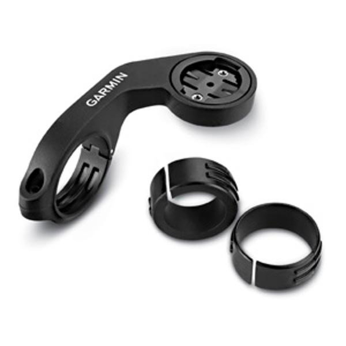 Supporto per ciclocomputer Garmin nero con due adattatori in gomma di diverse dimensioni su sfondo bianco.