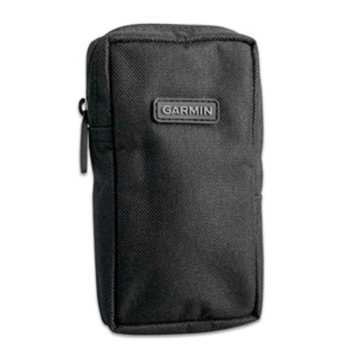 Eine schwarze Garmin Stofftasche mit Reißverschluss an der Seite und Garmin Logo auf der Vorderseite.