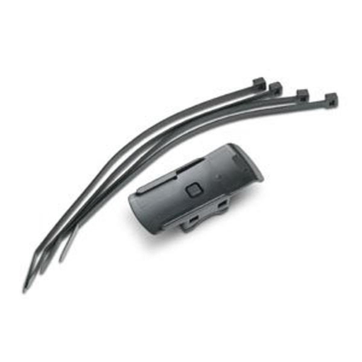 Drei schwarze Kabelbinder und ein schwarzes Plastikteil auf weiße Hintergrund.