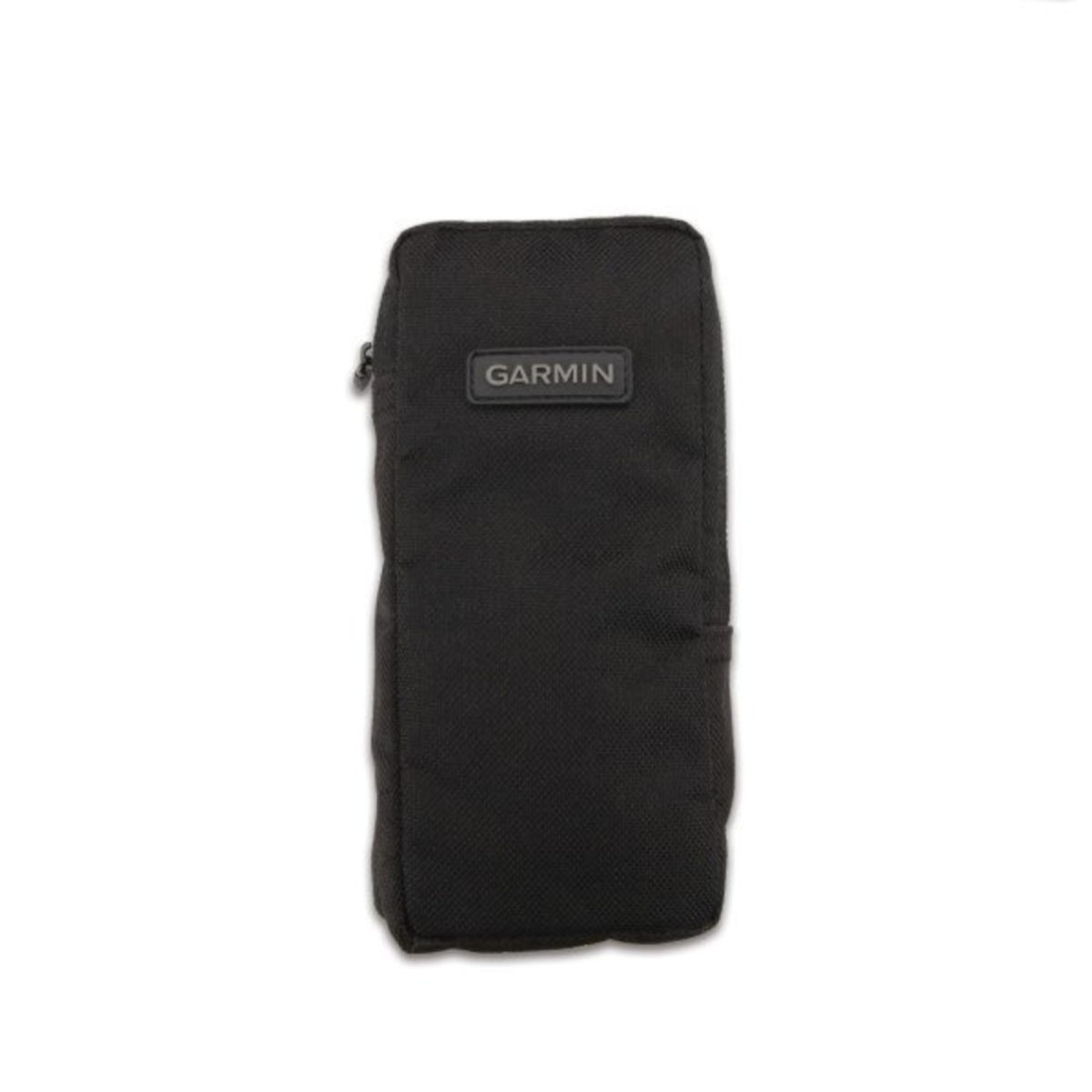 Eine schwarze Garmin-Stofftasche mit Reißverschluss und Markenlogo auf einer weißen Oberfläche.