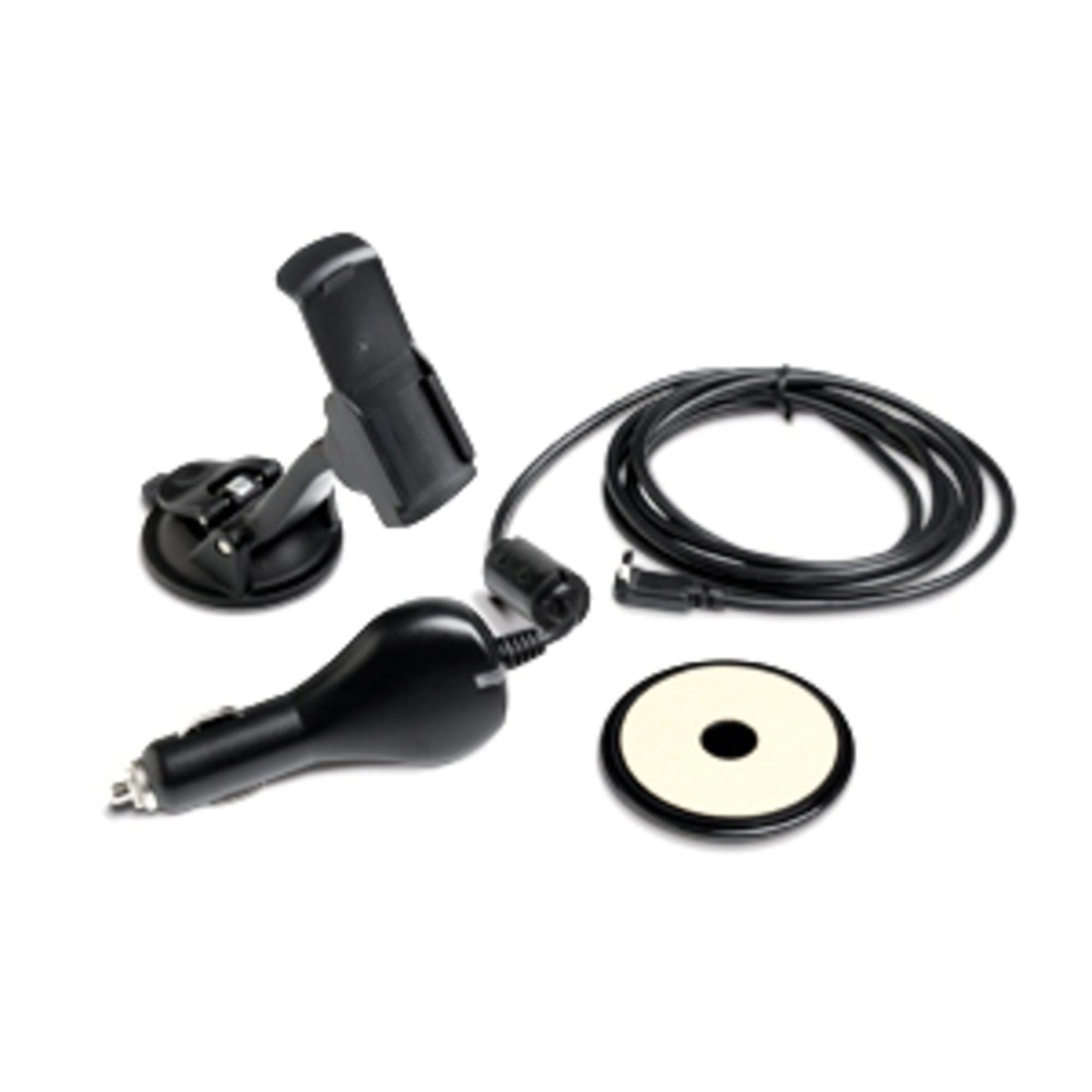 Schwarze Autohalterung mit Saugnapf, Ladekabel und Adapter auf weißem Grund.