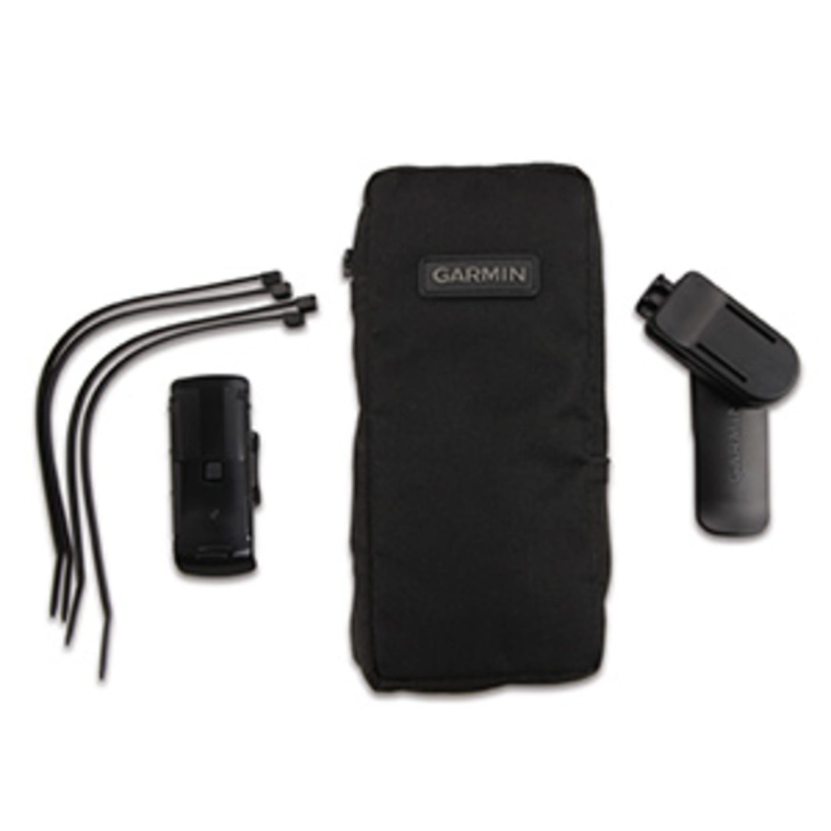 Schwarzes Garmin Zubehörset mit Etui, Halterung und Kabelbindern auf weißem Hintergrund.