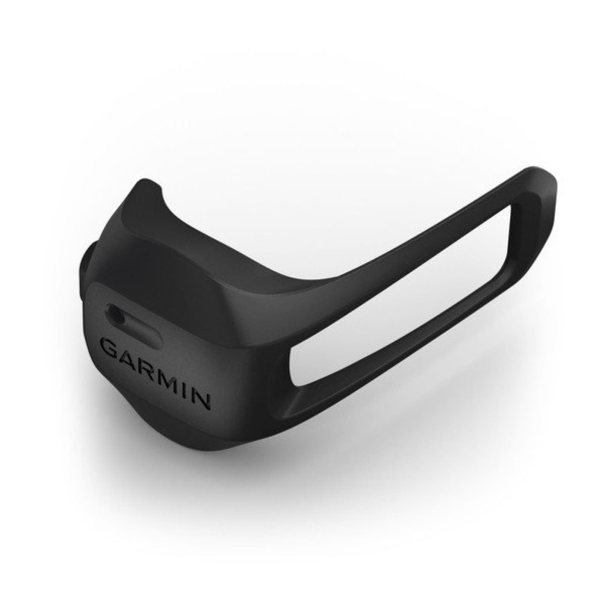 Ein schwarzer Garmin Fahrrad-Geschwindigkeitssensor auf weißem Hintergrund.