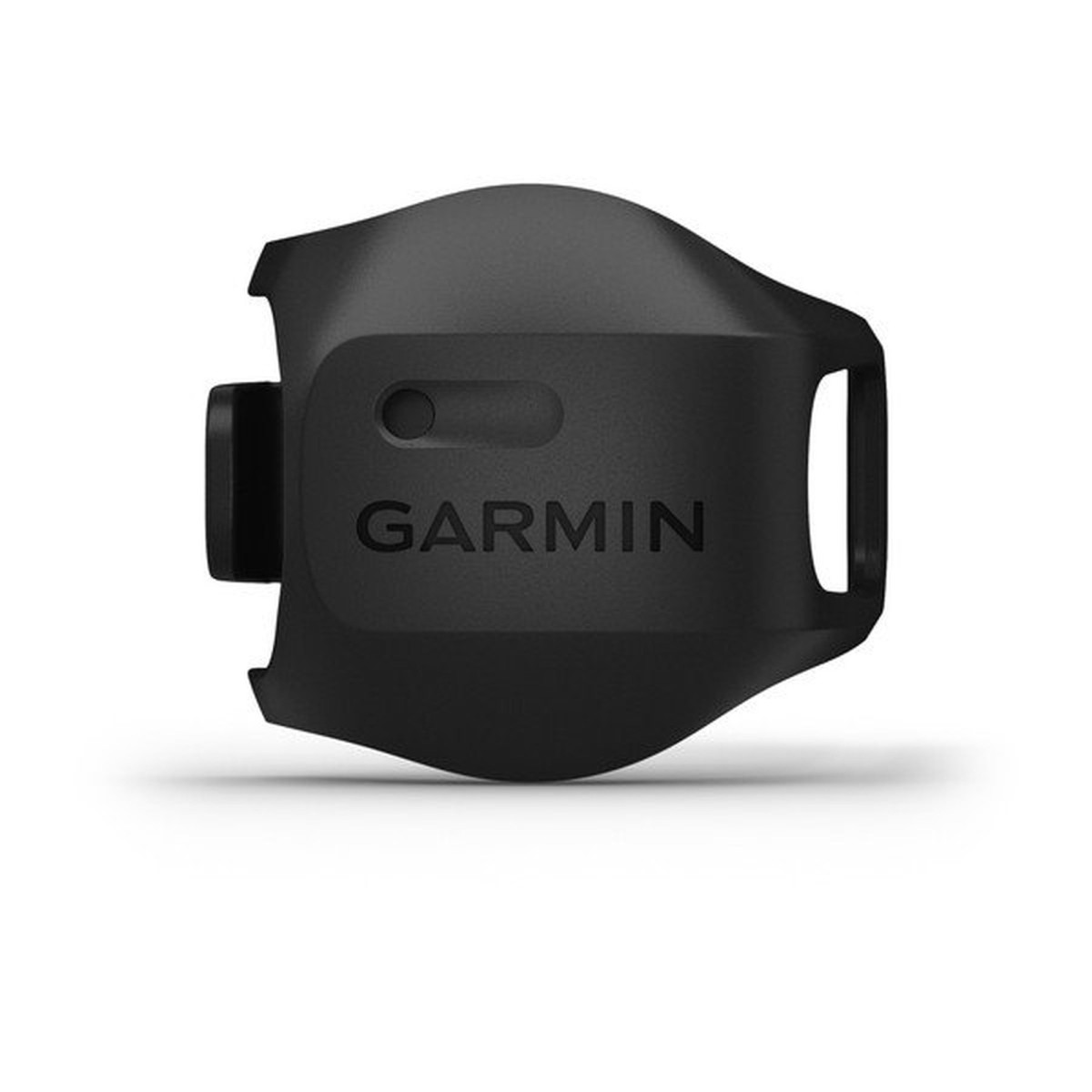 Ein schwarzer Garmin-Fahrradgeschwindigkeitssensor gegen einen weißen Hintergrund.
