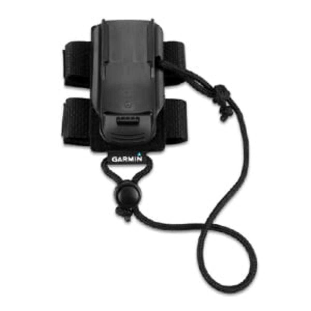 Schwarze Garmin-Gerätehalterung mit Klettbändern und angebrachtem Umhängeband.