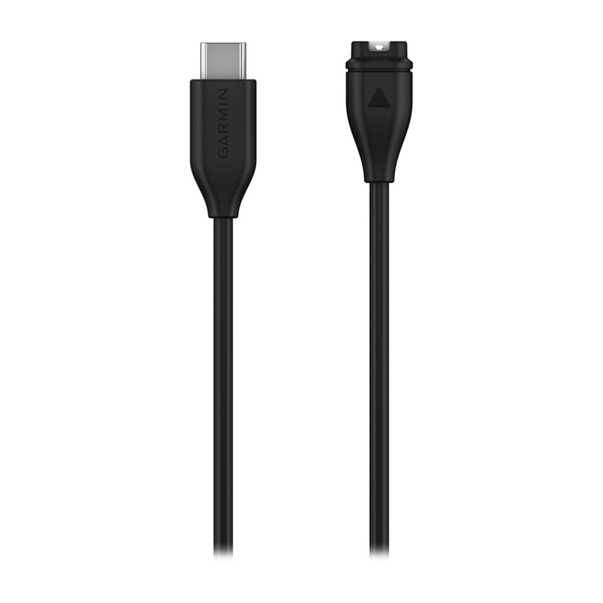 Un cable de carga negro de Garmin con un conector USB-C a la izquierda y un enchufe propietario a la derecha.