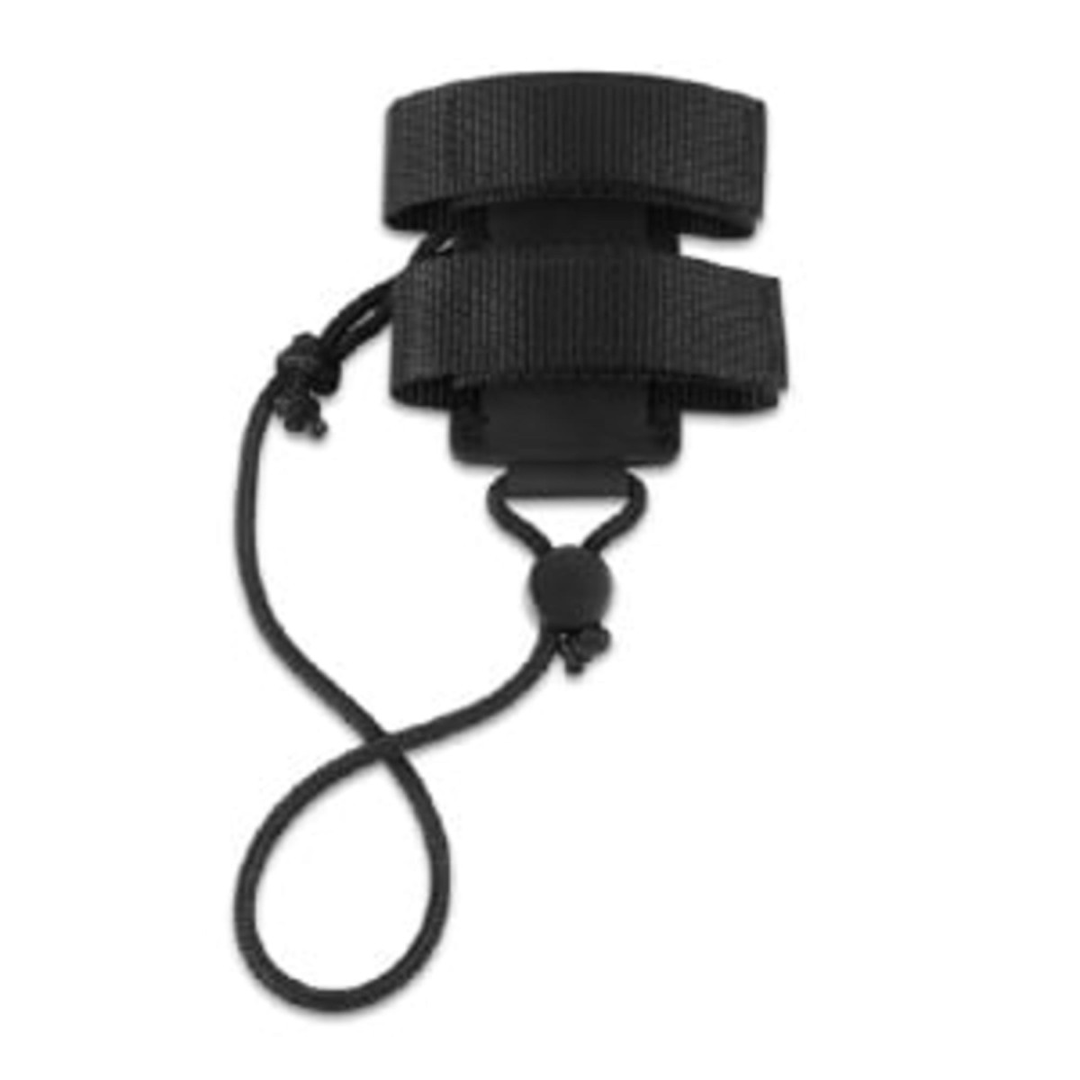 Ein schwarzer taktischer Bungee-Gurt mit zwei Klettbändern und einer verstellbaren Schlaufe.