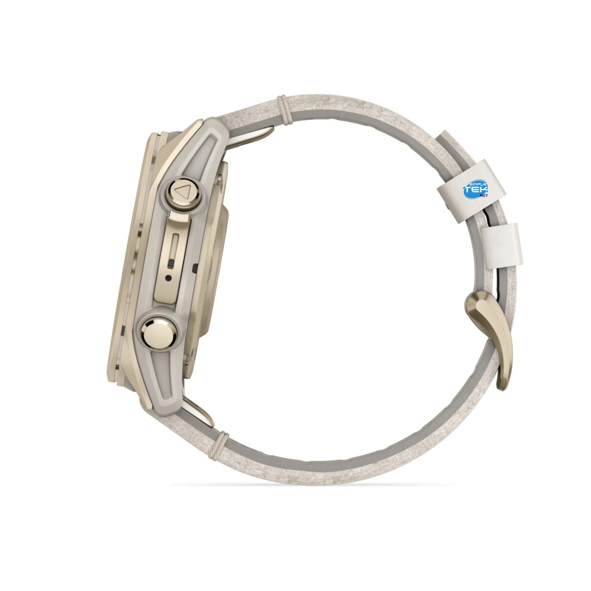 Vista laterale di uno smartwatch beige con cinturino in pelle grigio chiaro, bottoni dorati e passante bianco su sfondo bianco.
