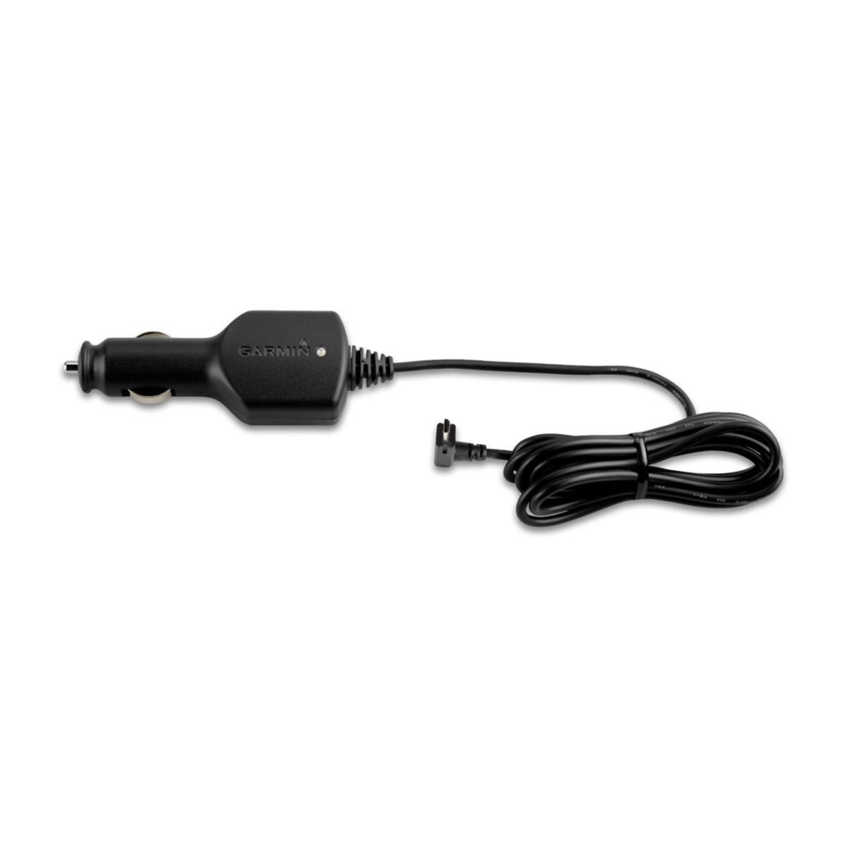 Ein schwarzes Garmin-Kfz-Ladekabel mit langem Spiralkabel und Stecker auf weißem Hintergrund.