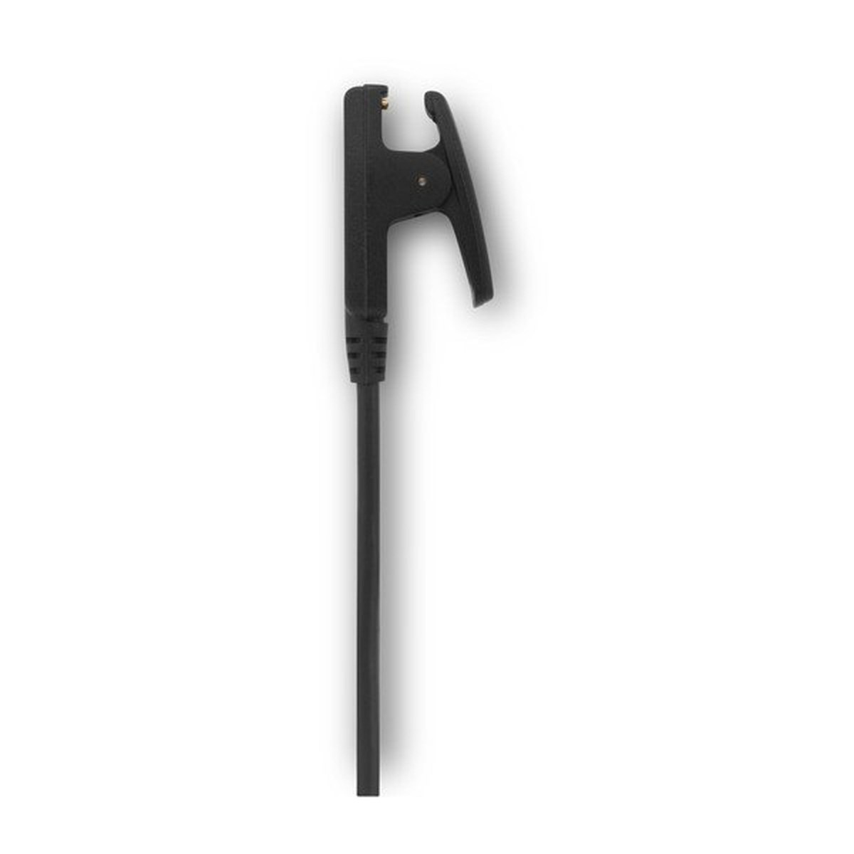 Un cavo elettrico nero con pinza di test a molla su sfondo bianco.