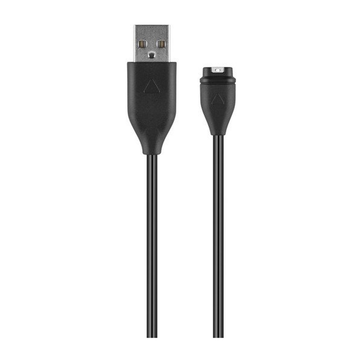 Un cavo di ricarica nero con connettore USB standard e un connettore magnetico personalizzato su sfondo bianco.