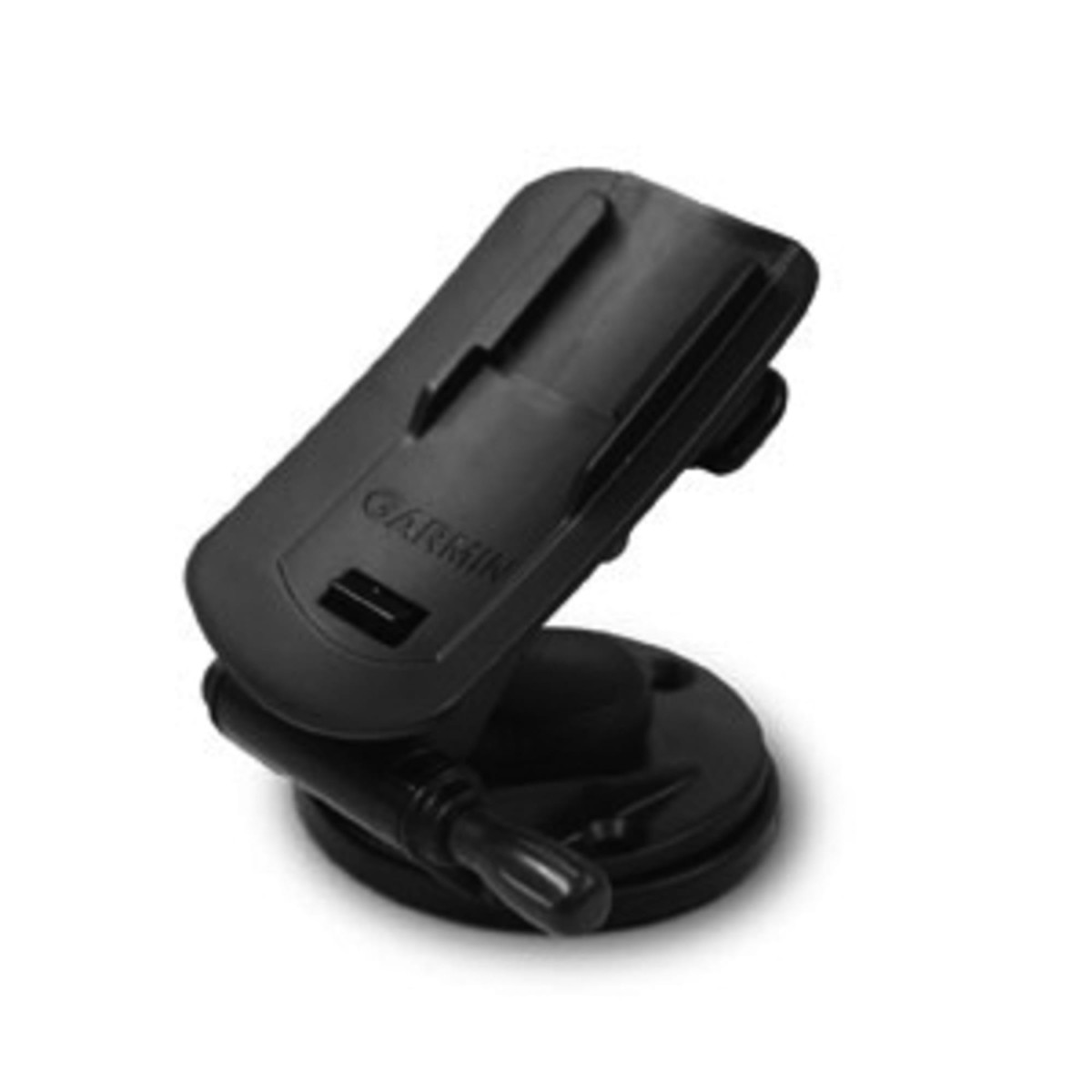 Ein schwarzer Garmin-Halter mit Saugnapf und verstellbarem Arm auf wei#em Hintergrund.