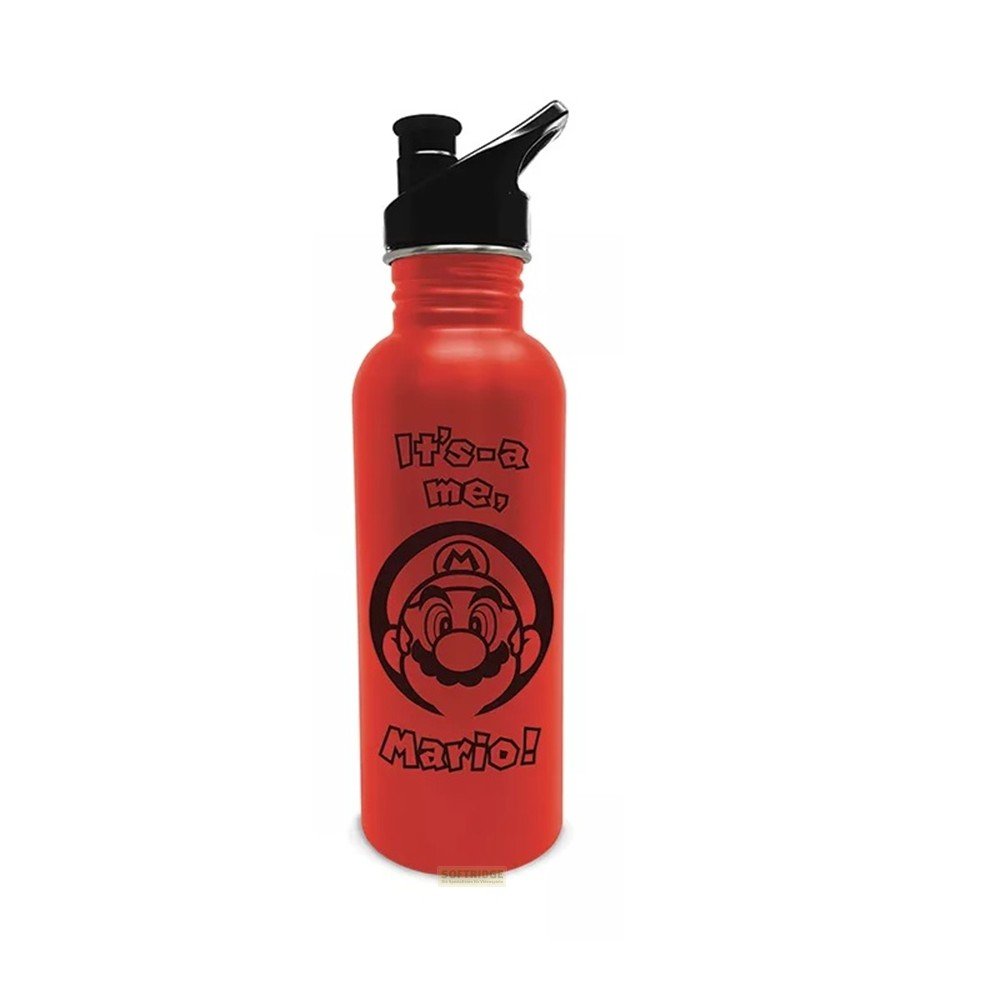 Botella de agua roja con tapa negra y gráfico de Mario.