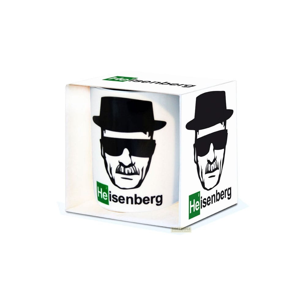 Una taza de cerámica blanca con un gráfico de Heisenberg de Breaking Bad en una caja.