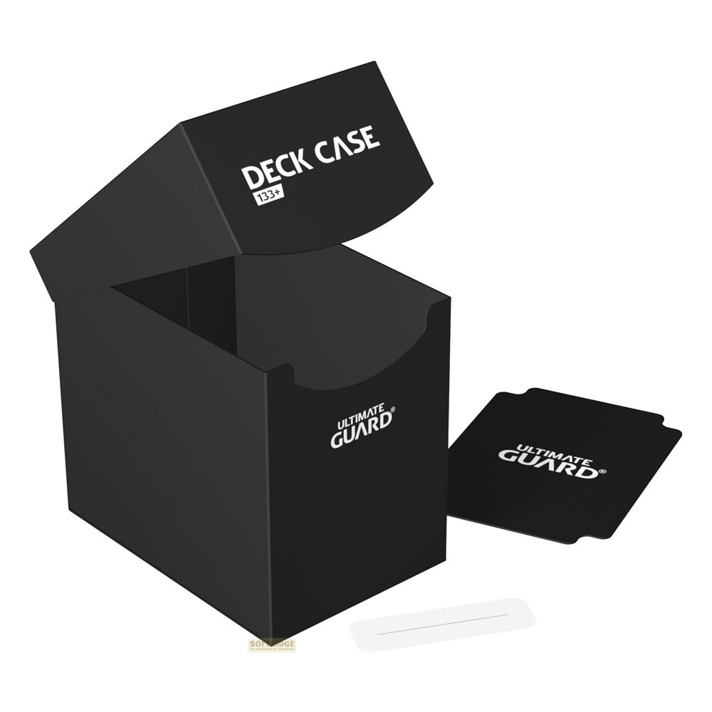 BoÃ®te de pont noire avec couvercle ouvert, logo, carte sÃ©parÃ©e et petit autocollant sur fond blanc.