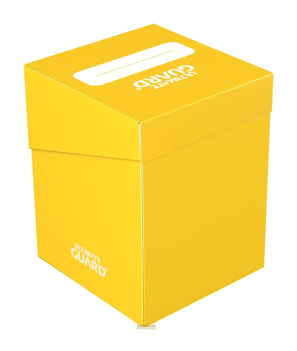 Une boîte de rangement jaune Ultimate Guard pour cartes sur fond blanc.