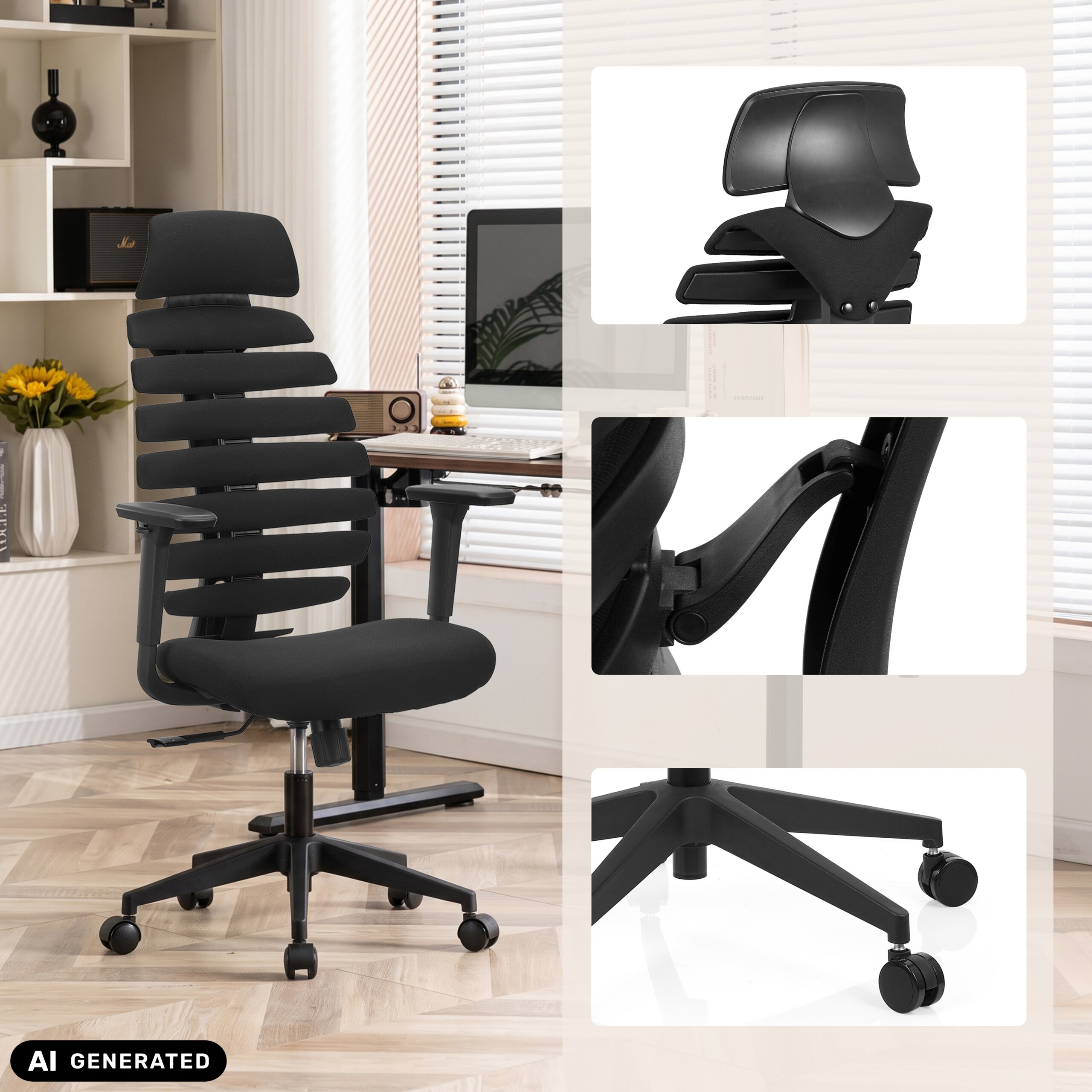 Schwarzer ergonomischer Buerostuhl mit Kopfstuetze in einem modernen Raum, mit Detailansichten von Kopfstuetze, Armlehne und Rollen.