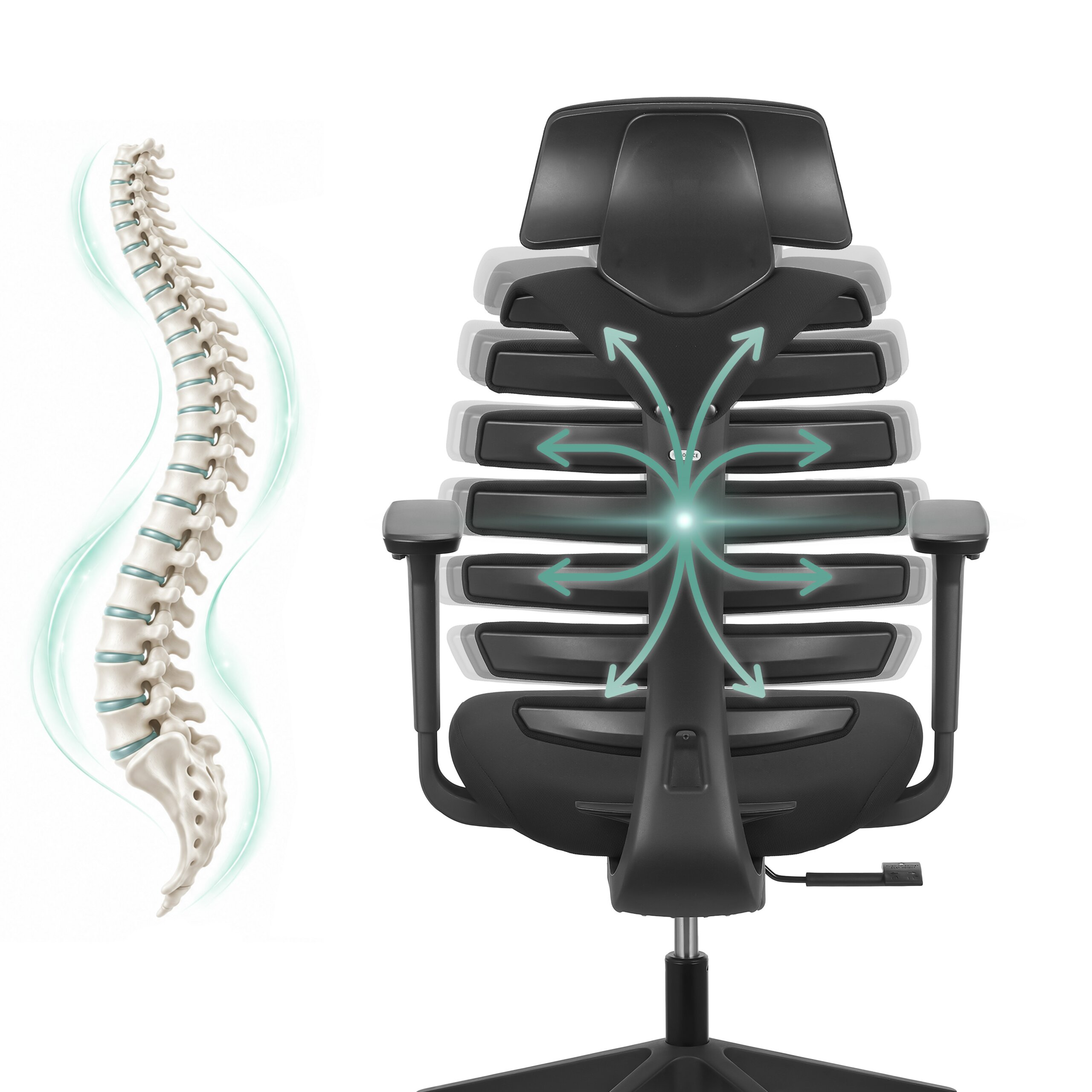 Eine Bürostuhllehne, die einer menschlichen Wirbelsäule nachempfunden ist, mit ergonomischer Unterstützung.