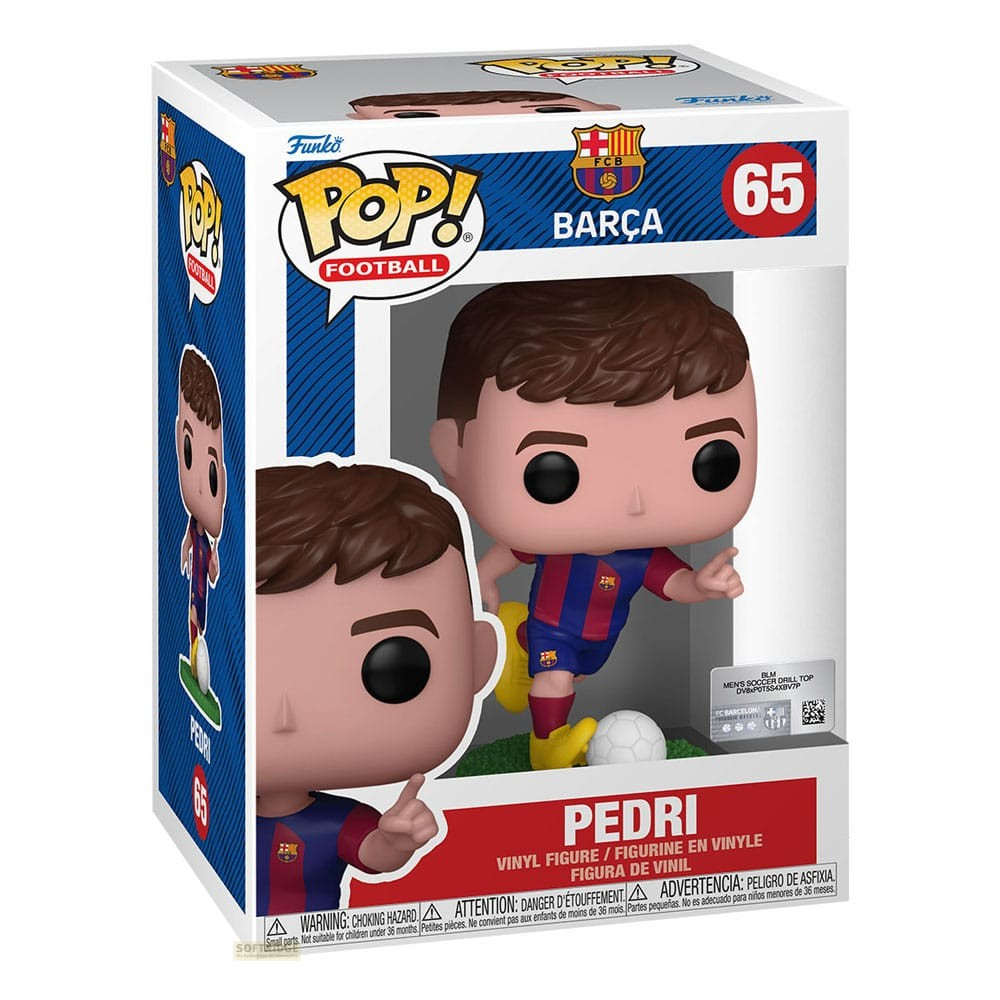 Figura in vinile Funko Pop! di Pedri con la maglia del Barcellona, numero 65, in scatola.