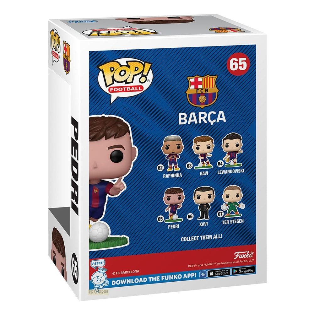 Retro di una scatola in vinile Pop! Football FC Barcelona Pedri con altri giocatori.