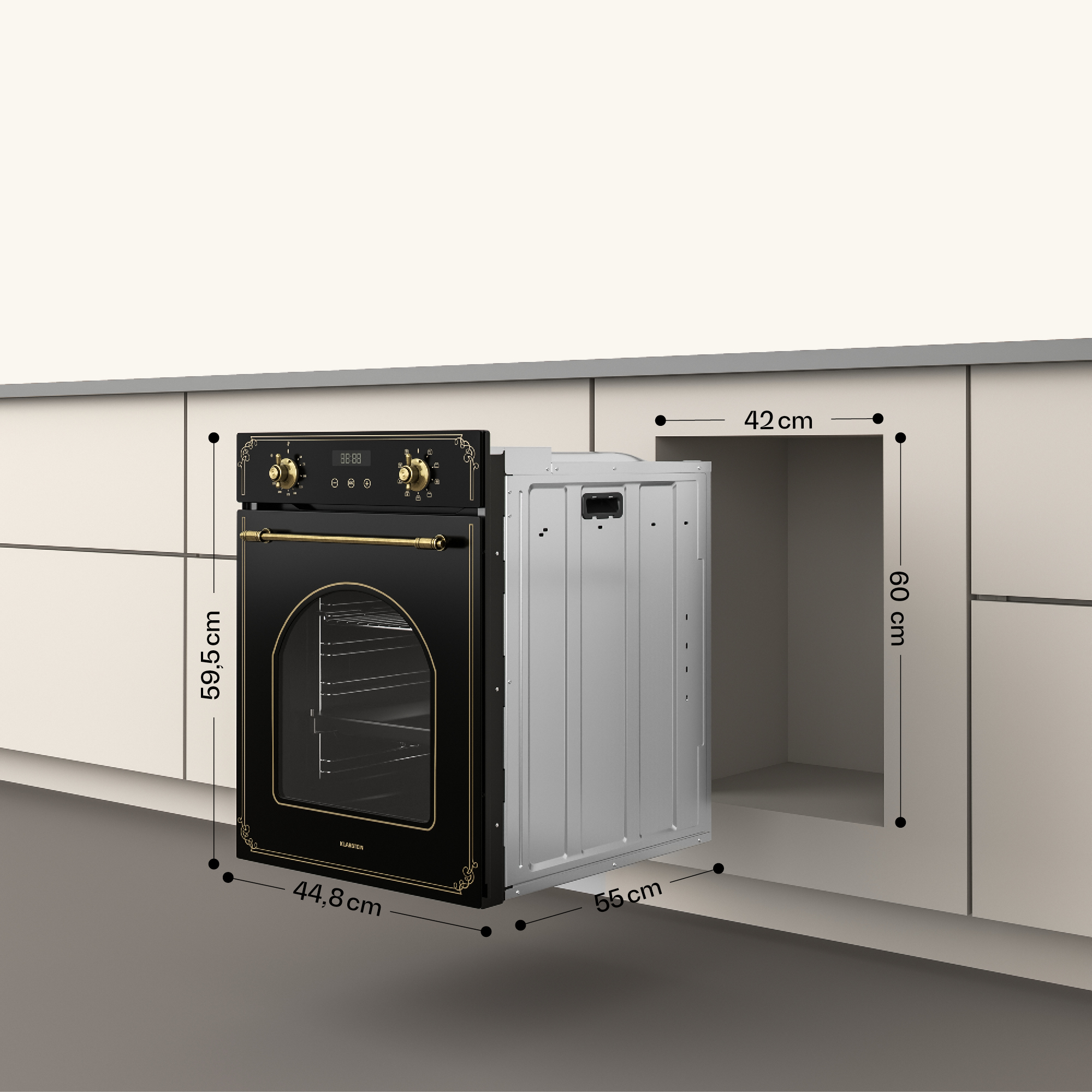 Forno retro nero con dettagli dorati davanti a un mobile cucina con dimensioni.