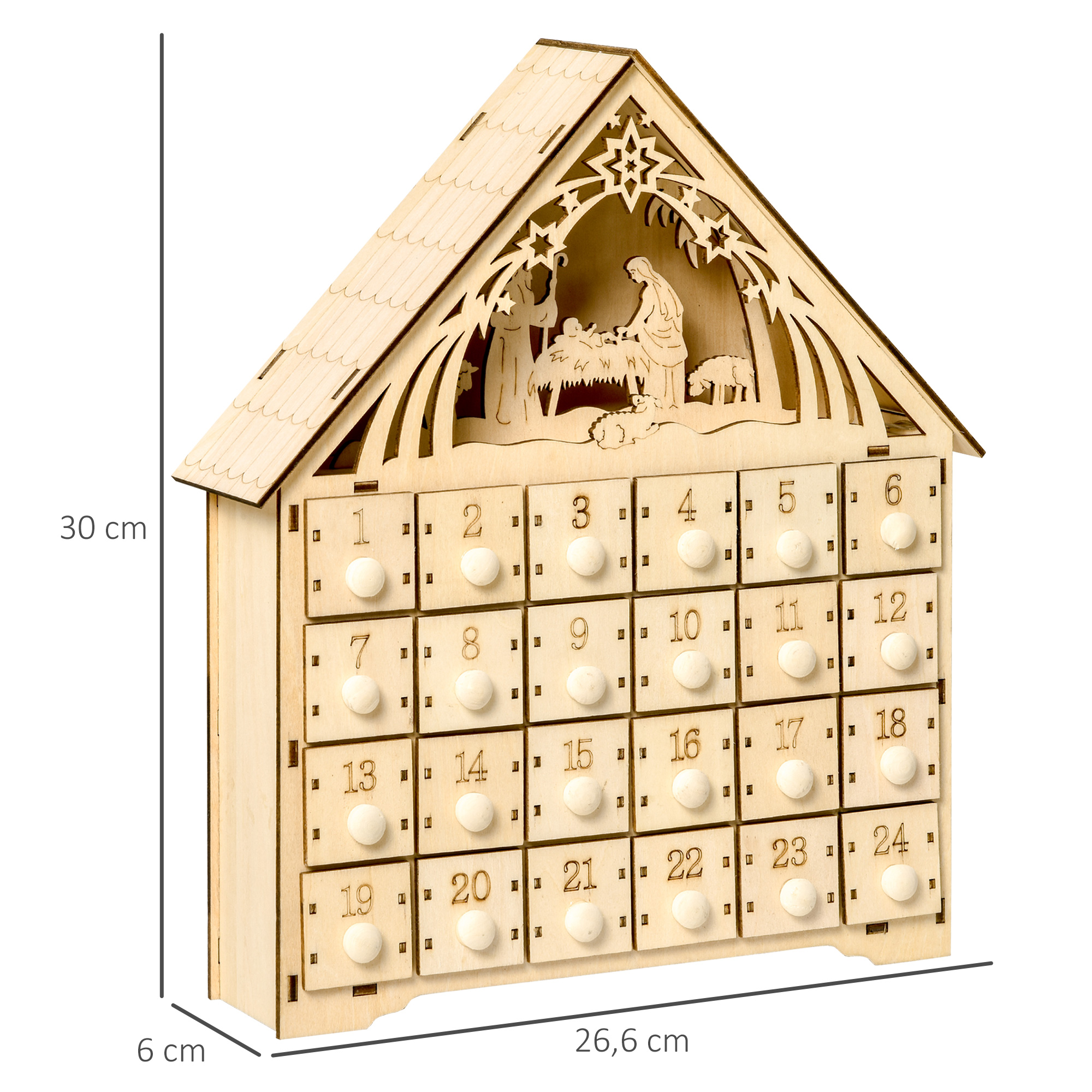 Un calendario de Adviento de madera con 24 cajones numerados y una escena del nacimiento, de 30x26.6x6 cm.