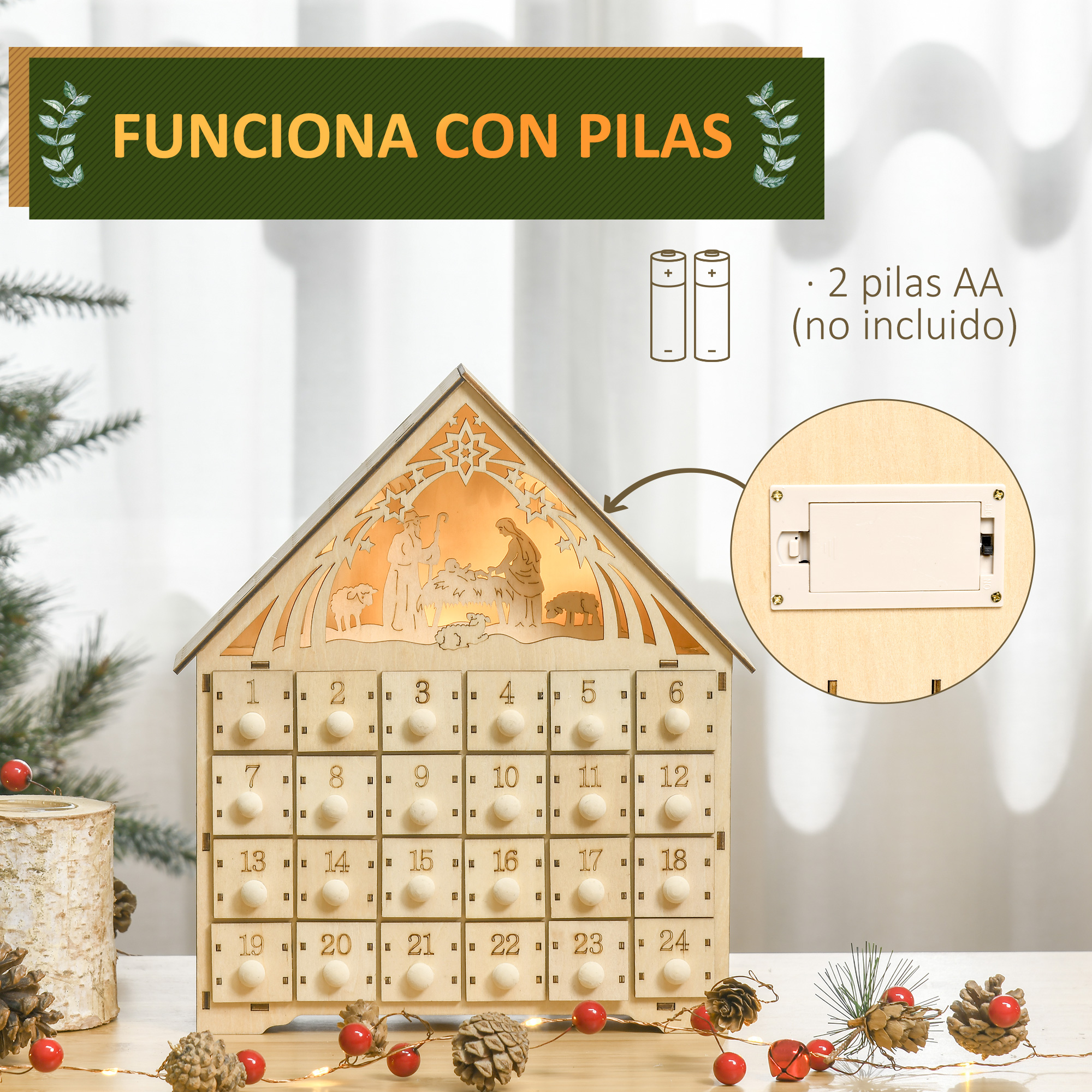 Calendario de adviento de madera con cajones, escena navideña iluminada, compartimento de pilas atrás.