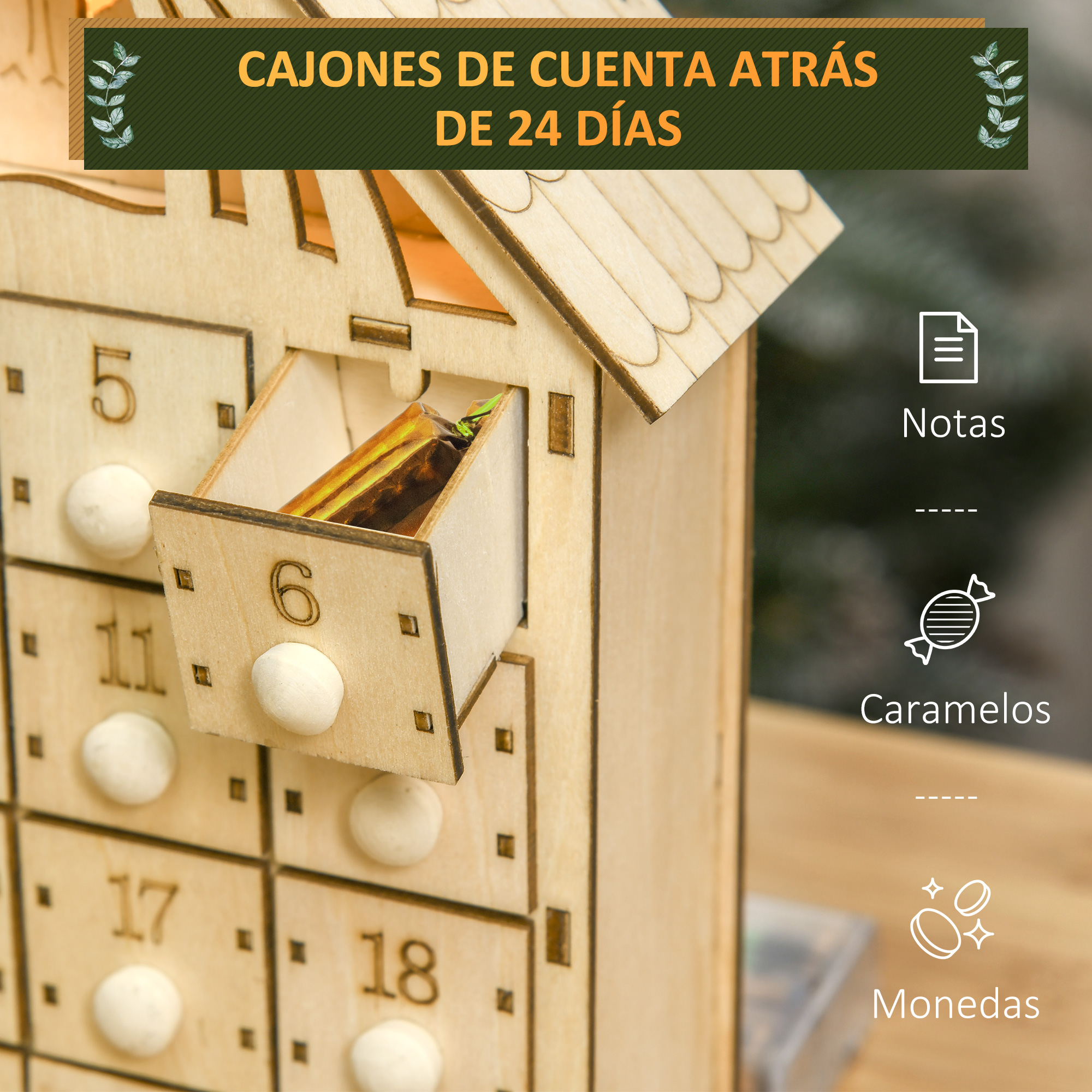 Calendario de adviento de madera con forma de casa y el cajón número seis abierto mostrando un caramelo dentro.