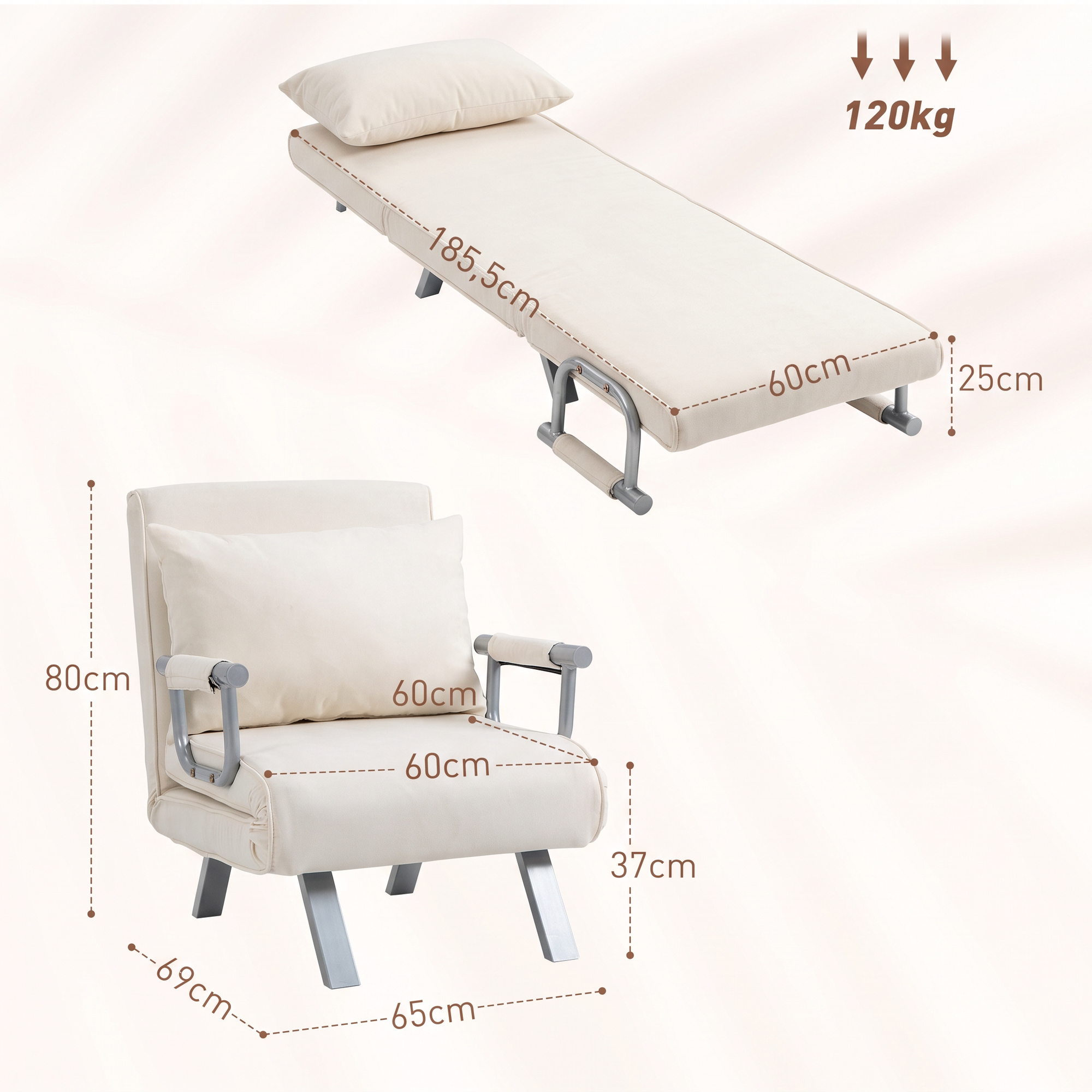 Sillón y tumbona plegable beige con dimensiones y límite de peso sobre fondo claro.