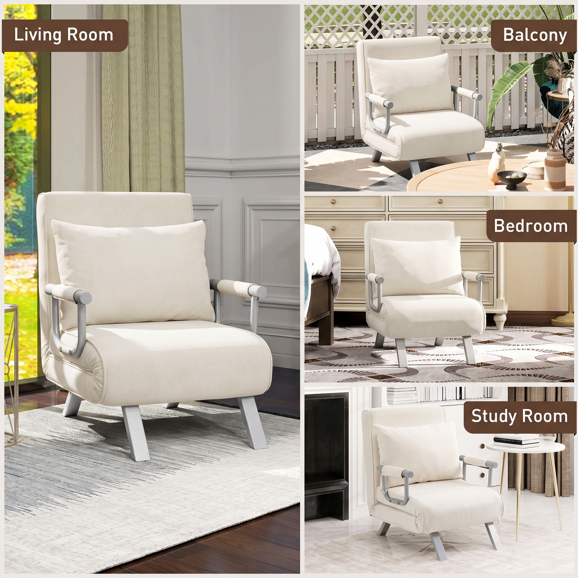 Sillón beige mostrado en varios entornos como sala, dormitorio, estudio y balcón.