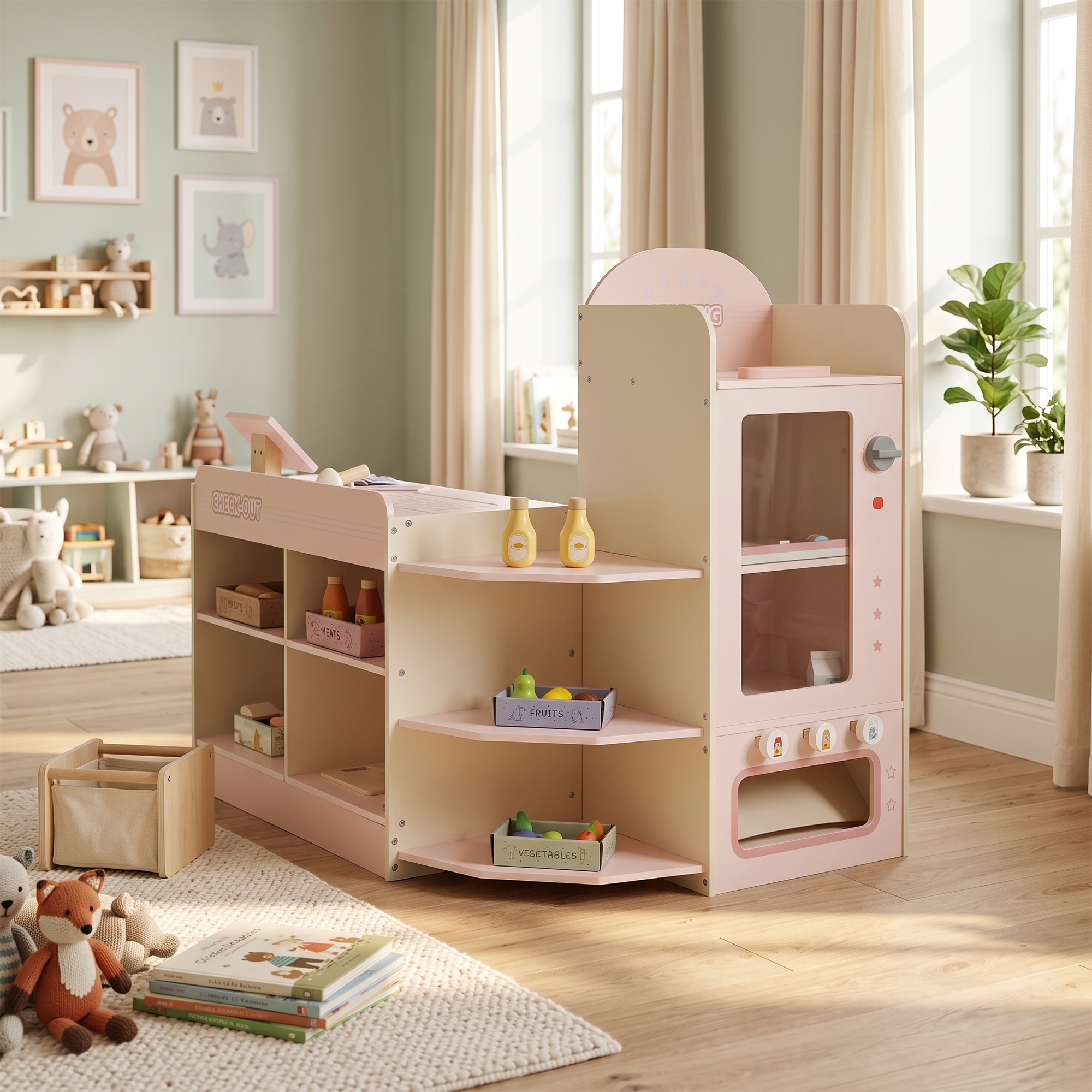 Un mostrador de tienda de juguete de madera rosa con estantes en una habitación infantil.