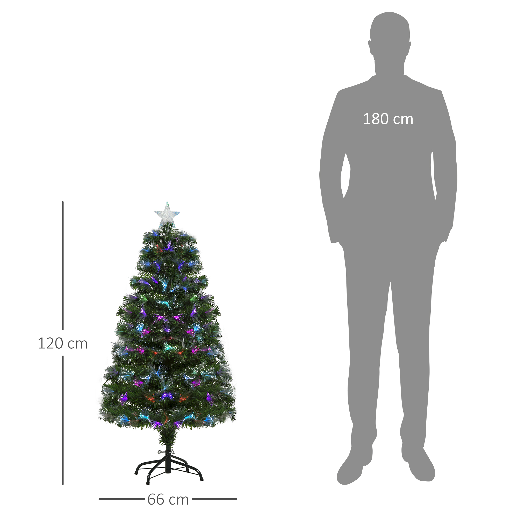 Un árbol de Navidad artificial de 120 cm con luces de colores junto a la silueta gris de una persona de 180 cm.