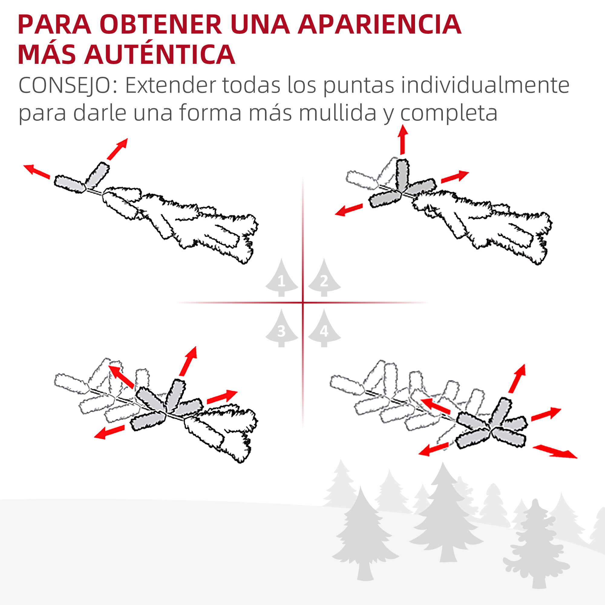 Gráfico instructivo sobre cómo abrir las ramas de un árbol artificial con flechas rojas.