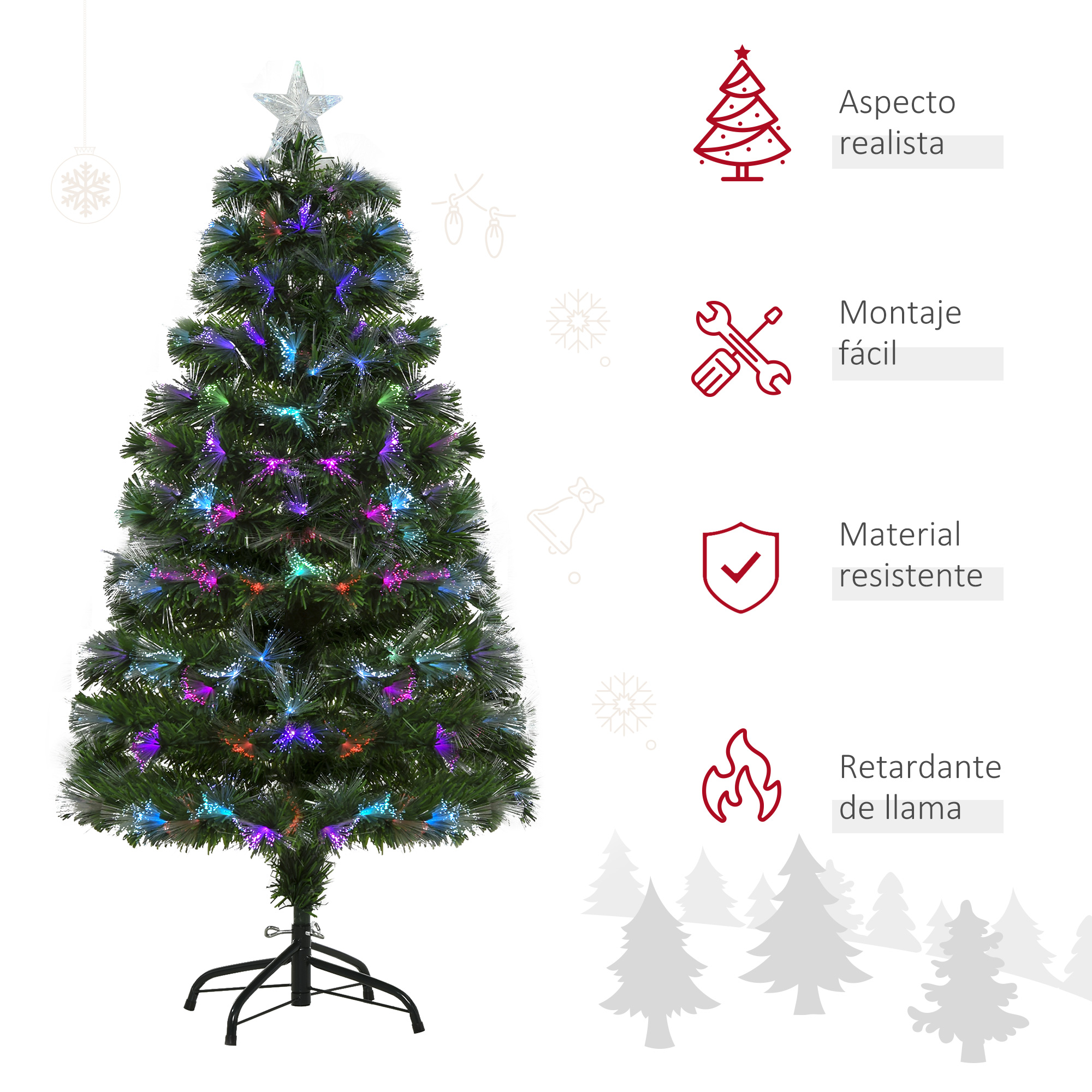 Árbol de Navidad artificial con luces de colores, estrella, soporte de metal y cuatro iconos.