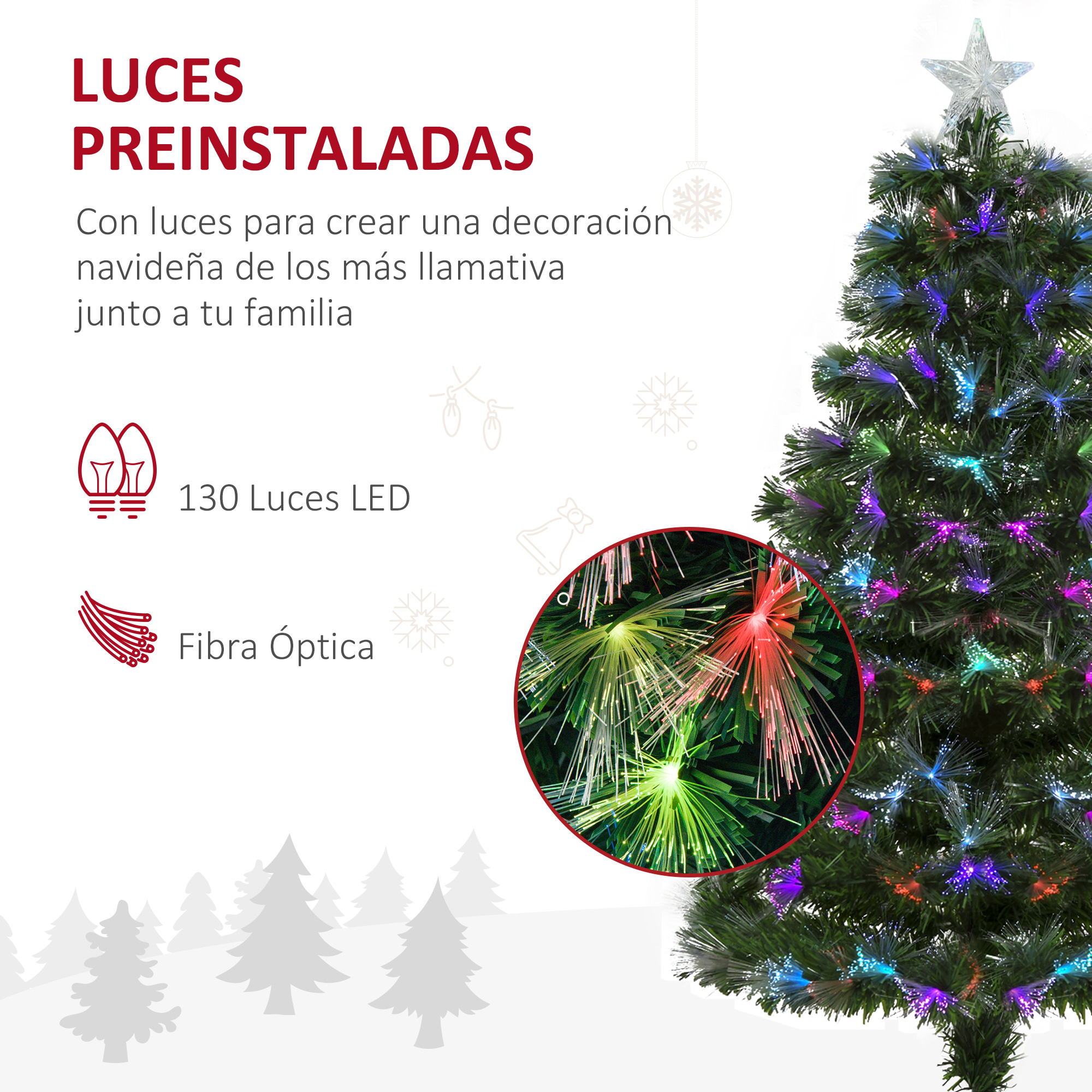 Árbol de Navidad iluminado con luces de fibra óptica y una estrella, junto a texto en español y un detalle circular.