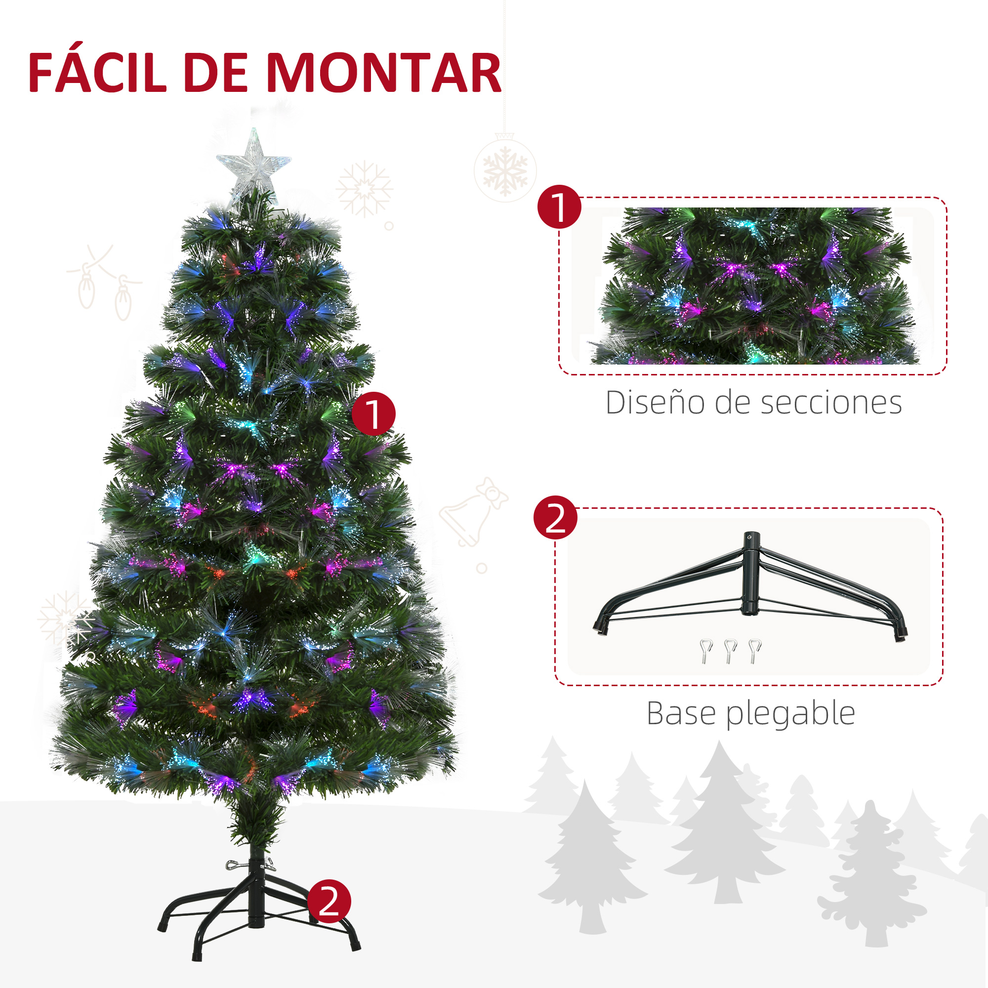 Árbol de Navidad verde con base metálica y fotos de detalle de las secciones y el soporte plegable.