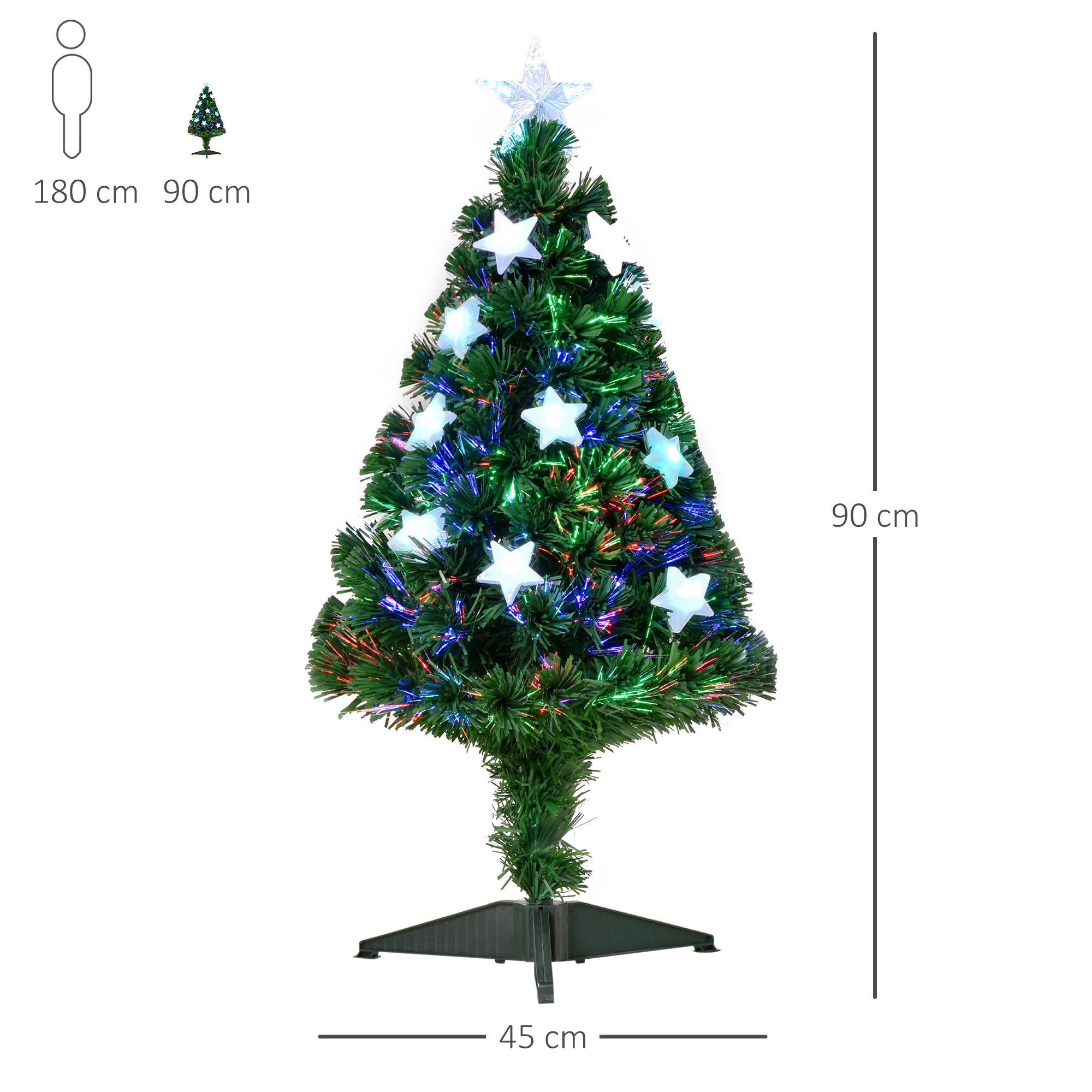 Un árbol de Navidad artificial de 90 cm con luces de colores, una estrella y medidas sobre un fondo blanco.