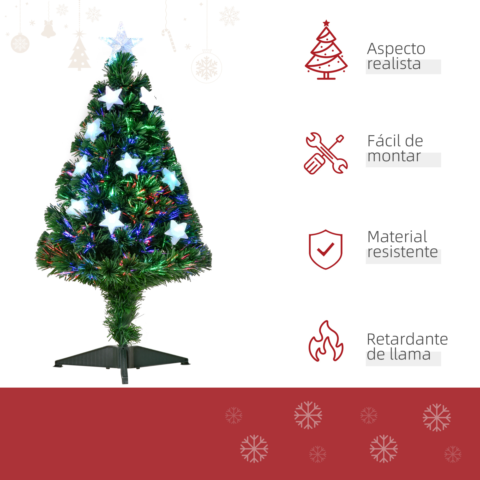 Un árbol de Navidad artificial verde con luces de estrellas, acompañado de cuatro iconos y texto en la derecha.
