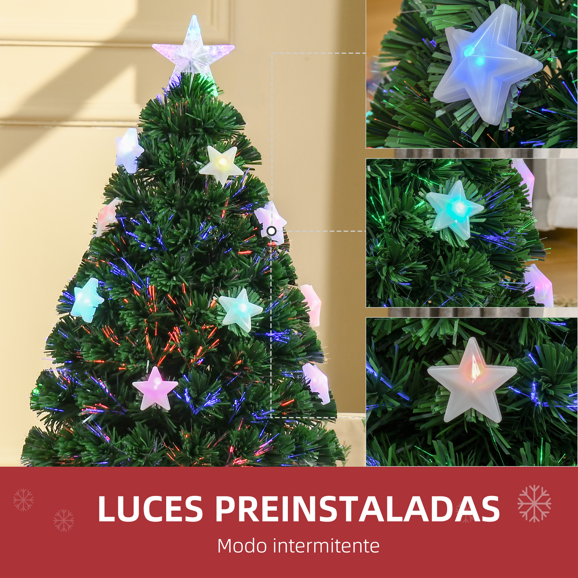 Un pequeño árbol de Navidad artificial decorado con estrellas luminosas y fibra óptica.