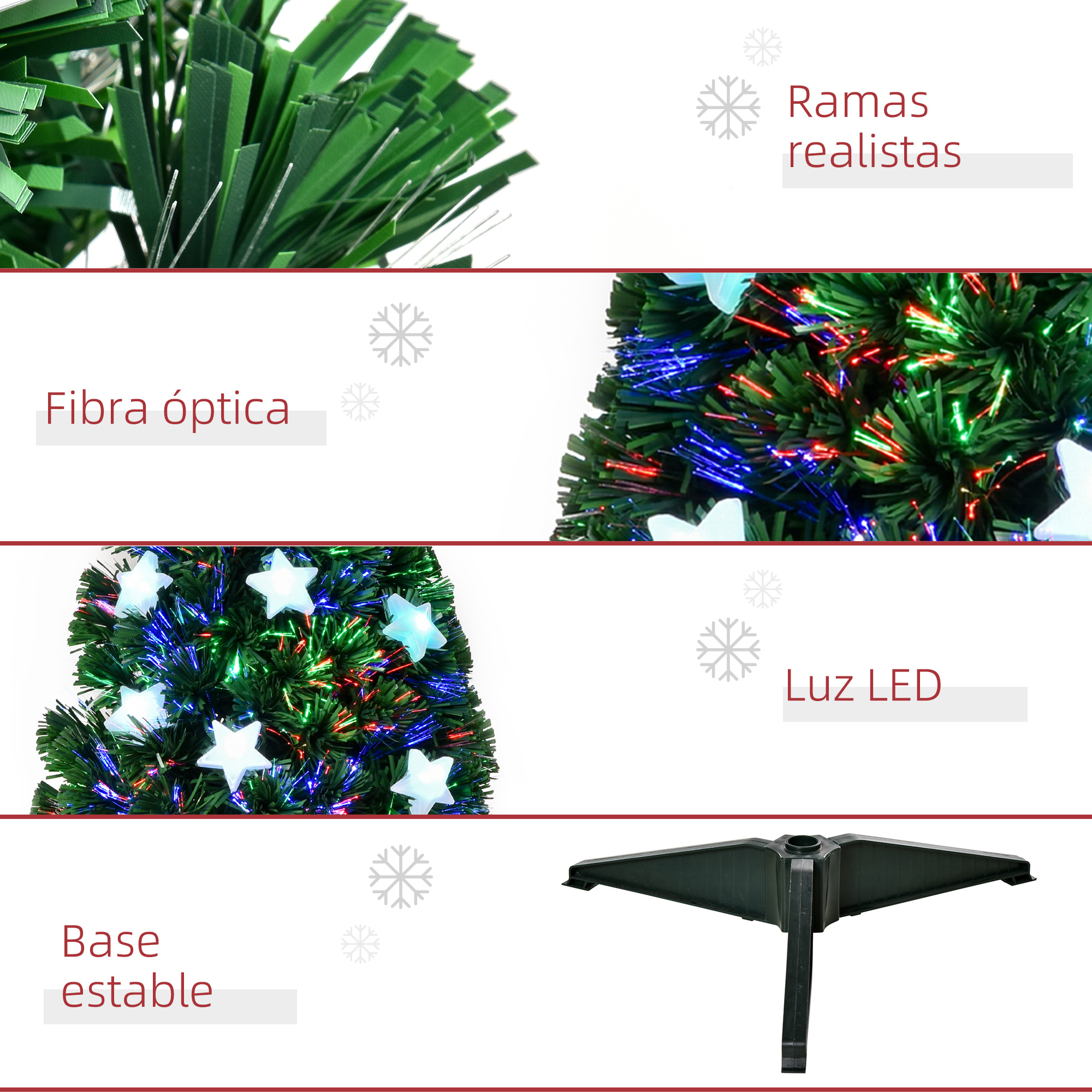Cuatro paneles muestran ramas realistas, fibra óptica, luces LED y una base estable.