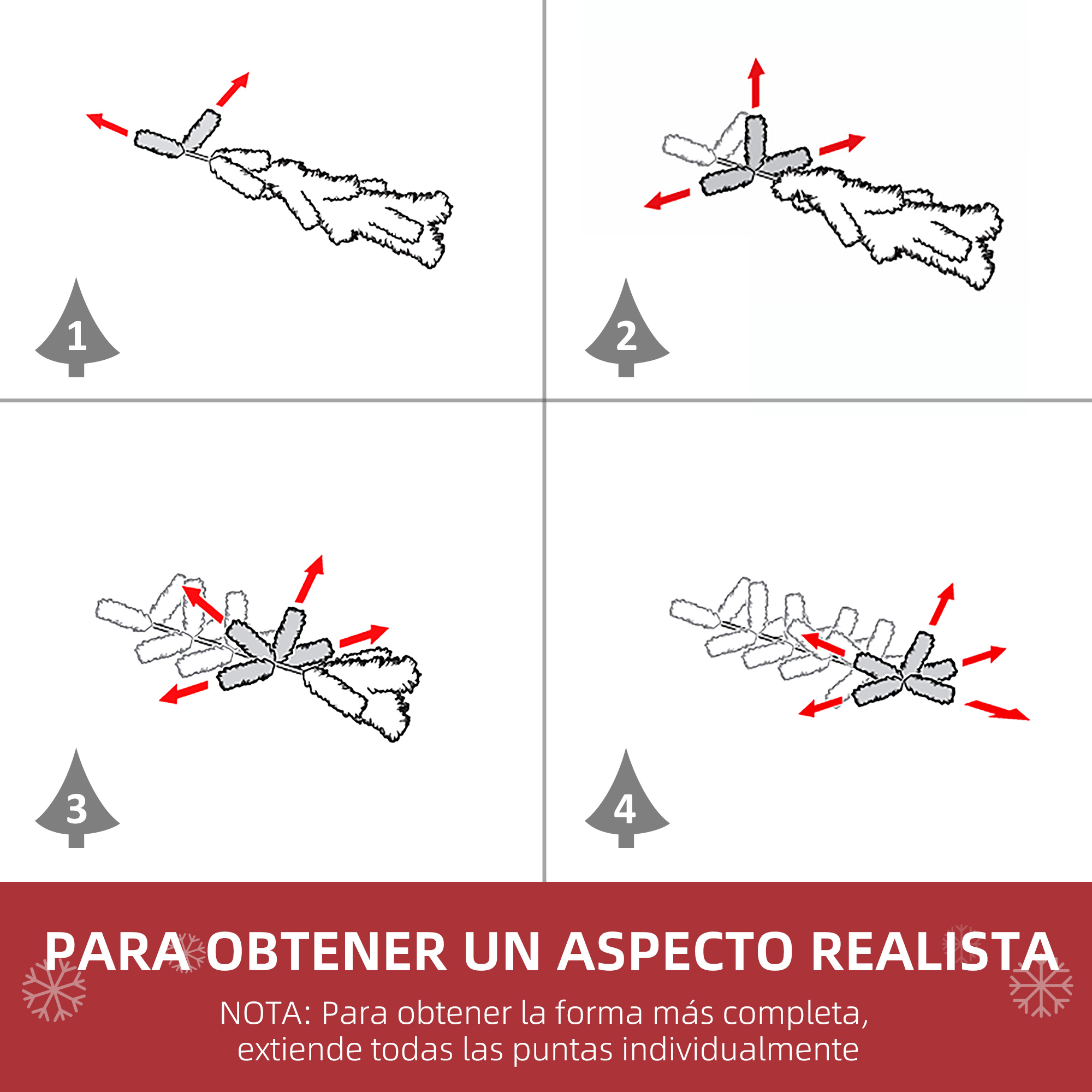 Cuatro instrucciones paso a paso para abrir las ramas de pino artificiales y lograr un aspecto realista.
