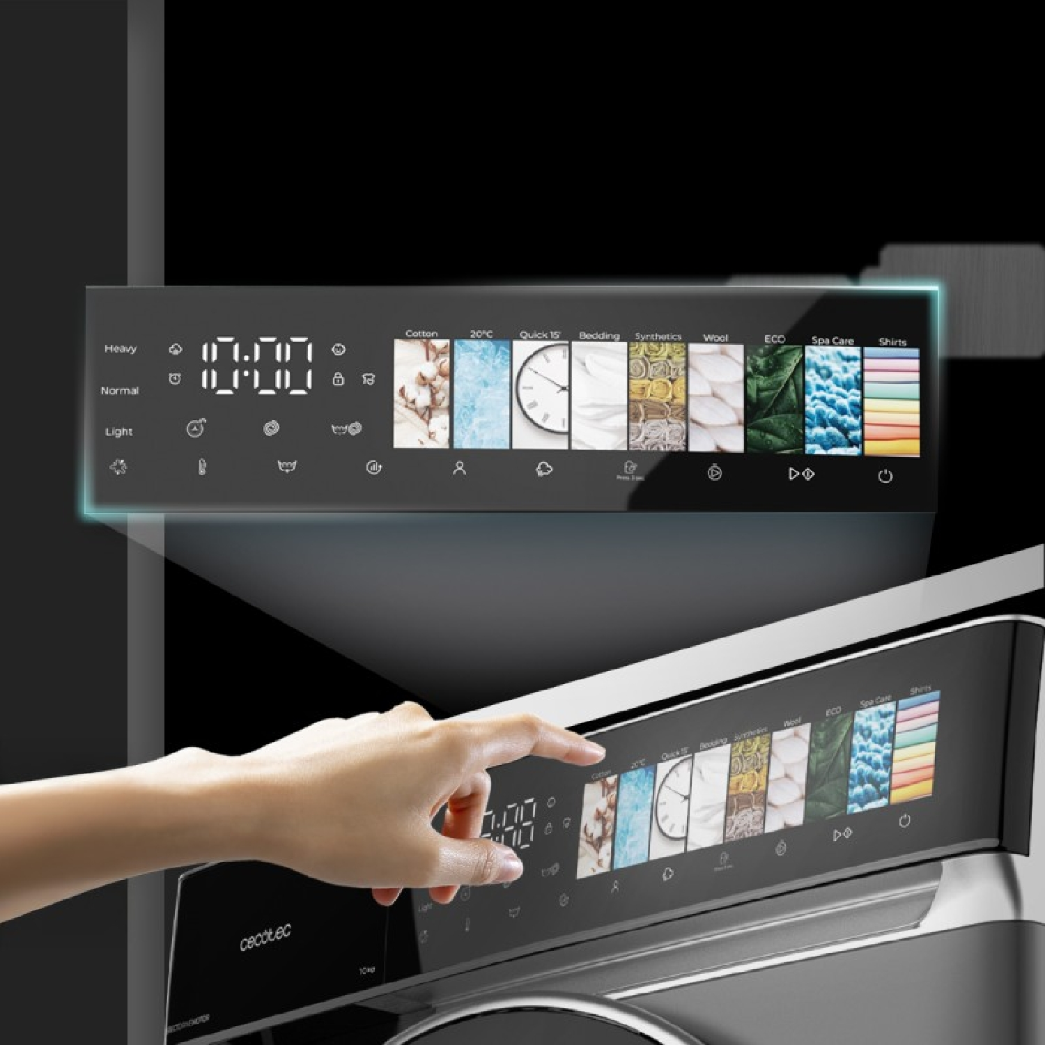 Una mano tocando el panel de control táctil digital de una lavadora con varios programas.
