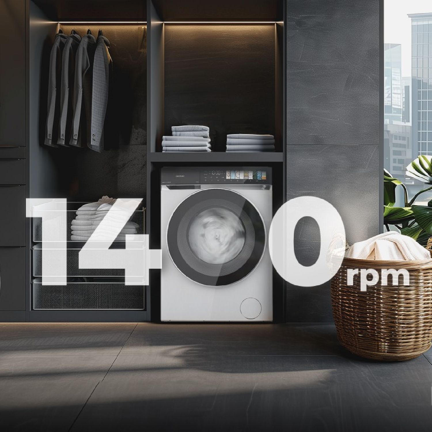 Lavadora moderna en cuarto oscuro con cesto de ropa y texto de 1400 rpm.