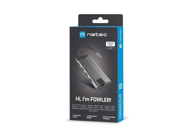 Confezione nera e blu per l'adattatore multiporta USB-C Natec Fowler Plus su sfondo bianco.